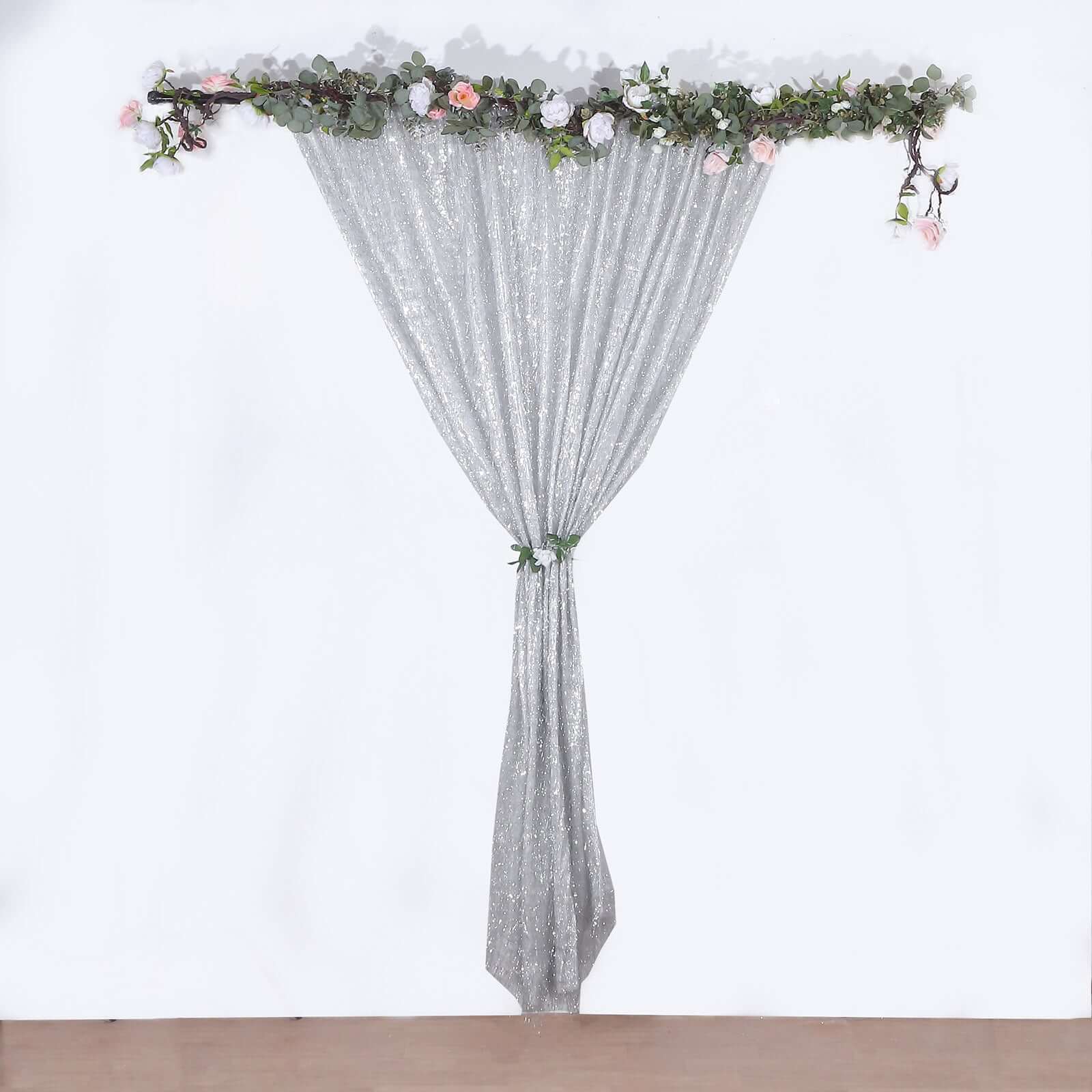 8ft Silver Metallic Fringe Shag Event Drapery Panel, Shimmery Tinsel Polyester Divider Backdrop Curtain