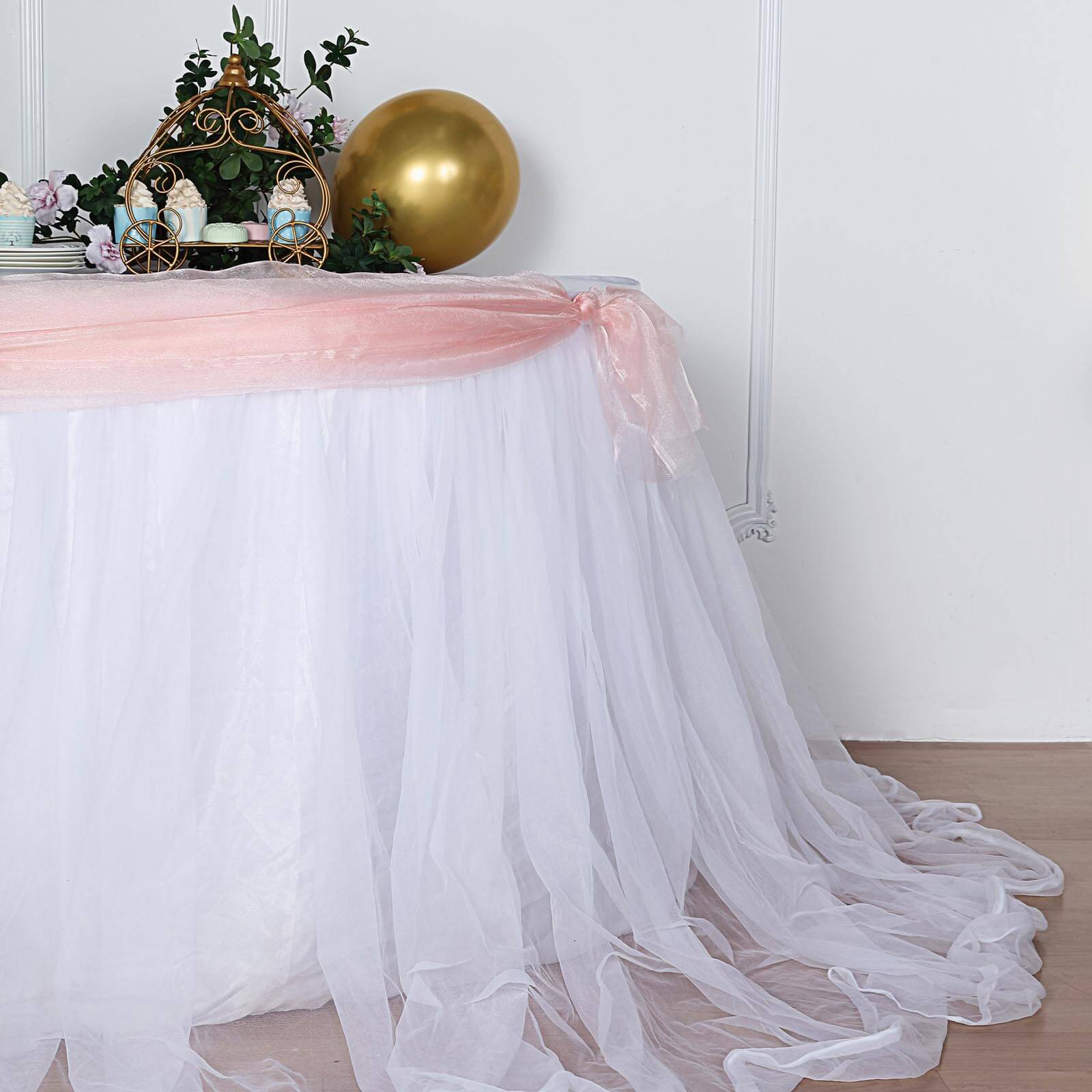 Extra Long Tulle 14ft Table Skirt White with Satin Edge - Table Cover for Baby Showers & Events