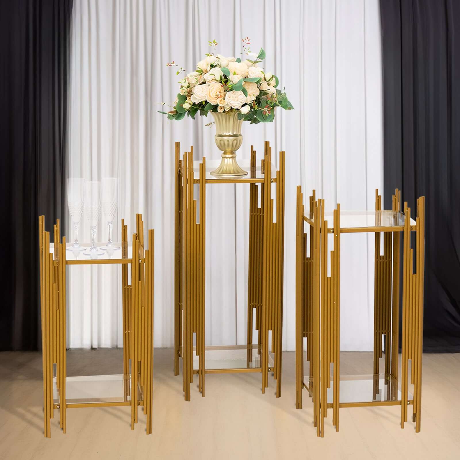 Set of 3 Wedding Pedestal Stands Square Acrylic Plate Design Gold - Metal Flower Display Plinths 26,30,34