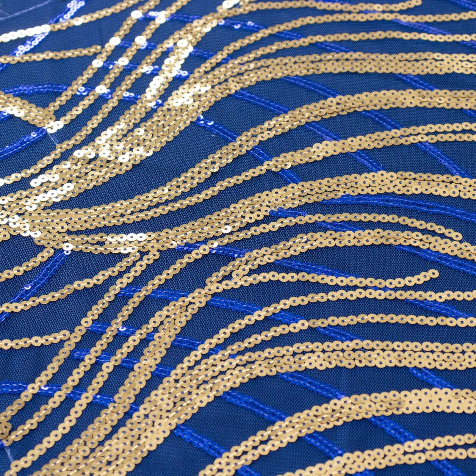 Sequin Mesh 120 Round Tablecloth Royal Blue/Gold - Seamless Wave Embroidered Table Cover