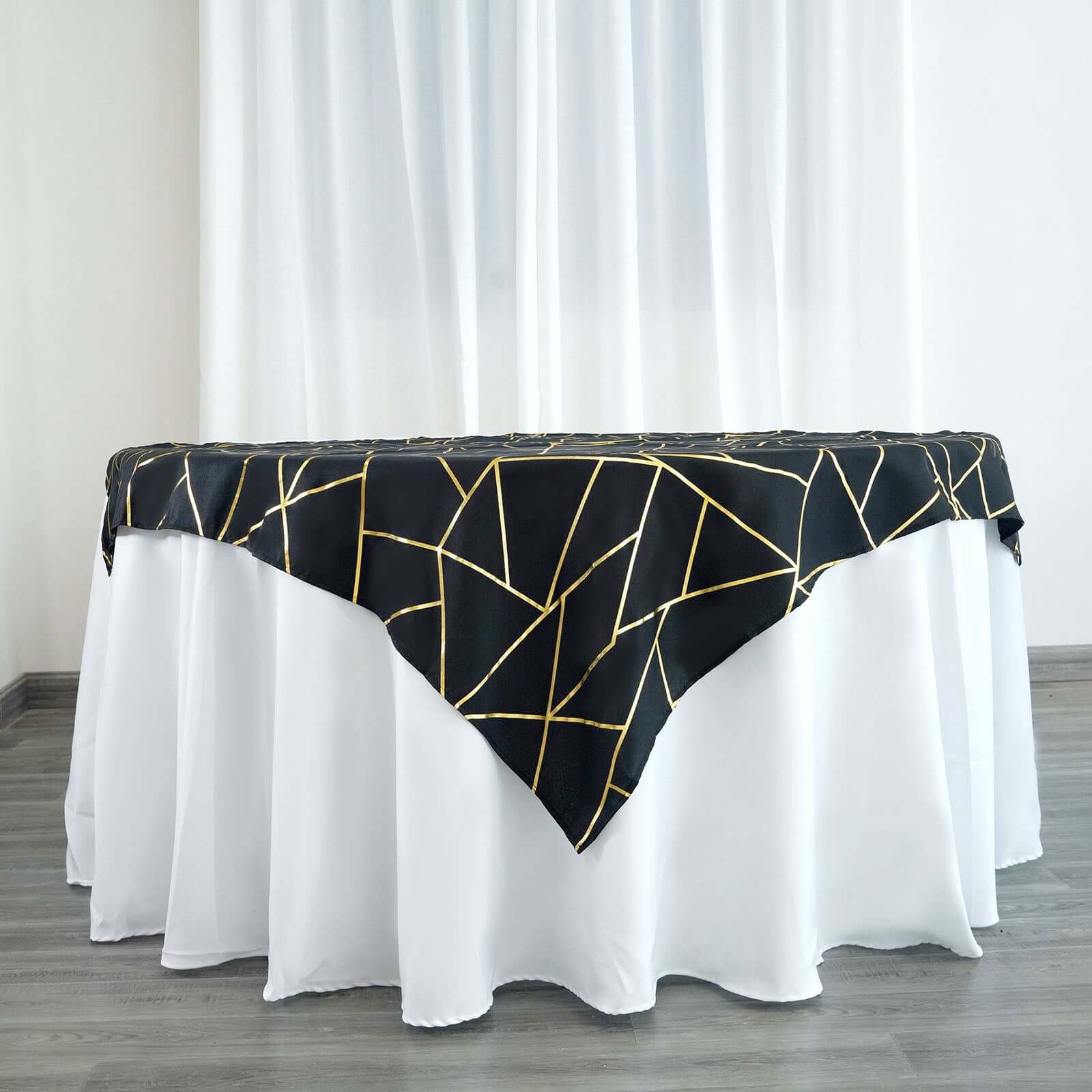 Polyester 54x54 Table Overlay Square Tablecloth Black with Gold Foil Geometric Pattern - Wrinkle-Resistant & Durable Table Topper