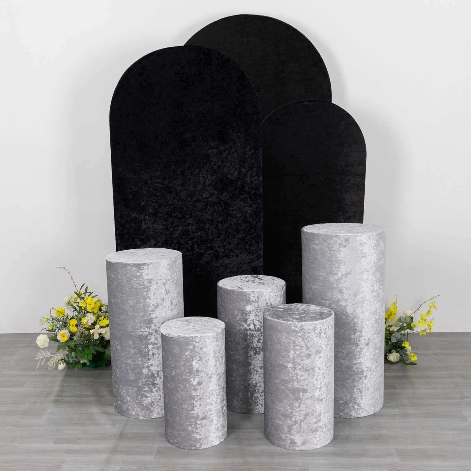 Set of 5 Silver Crushed Velvet Cylinder Pedestal Stand Covers, Premium Pillar Prop Covers