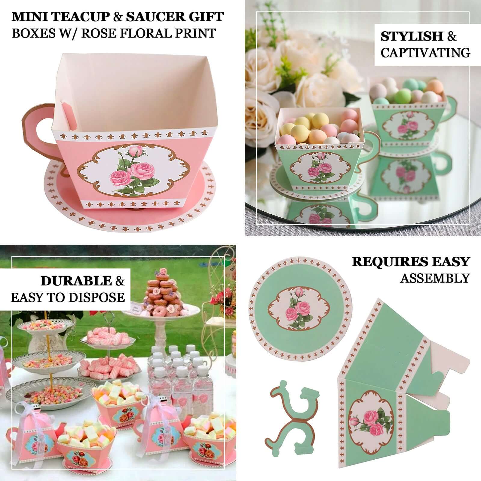 25 Pack Dusty Rose Mini Teacup and Saucer Party Favor Boxes with Rose Floral Print, Tea Time Candy Boxes - 4x3