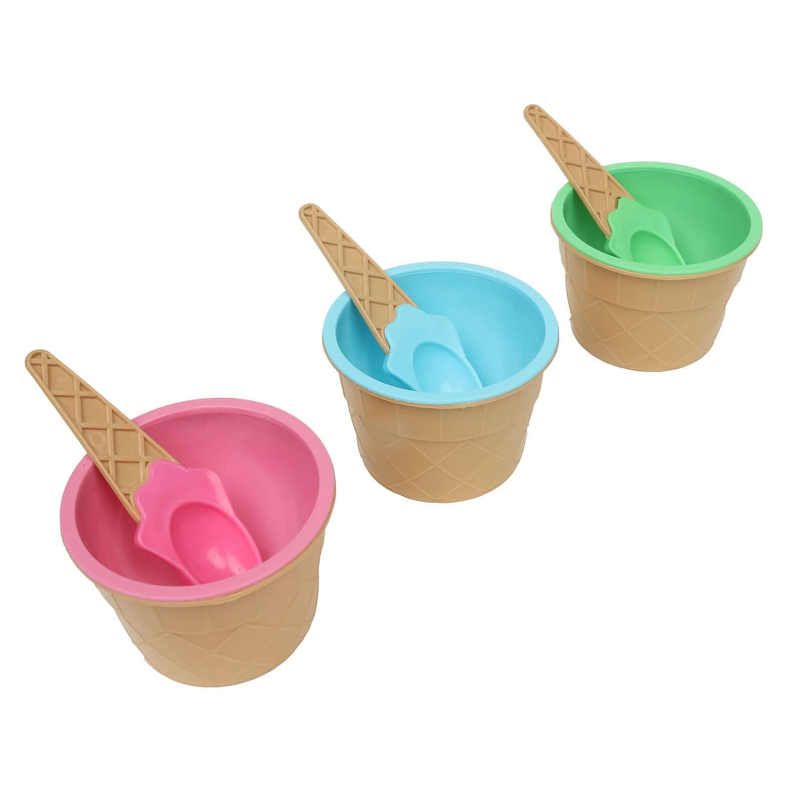 Set of 6 Plastic Dessert Cups Waffle Design Blue, Green, Pink - Includes Matching Spoons 5oz