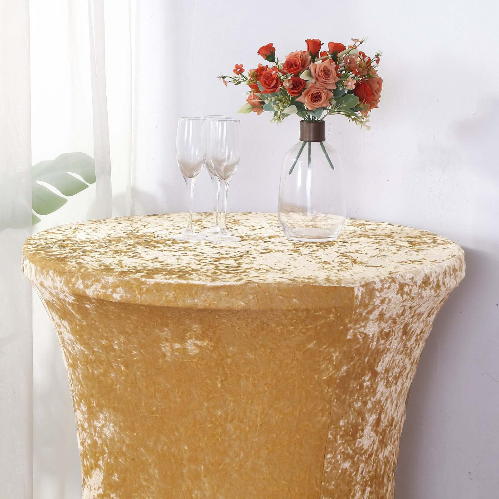 Crushed Velvet Spandex 32 Round Cocktail Table Cover Champagne Smooth Highboy Tablecloth