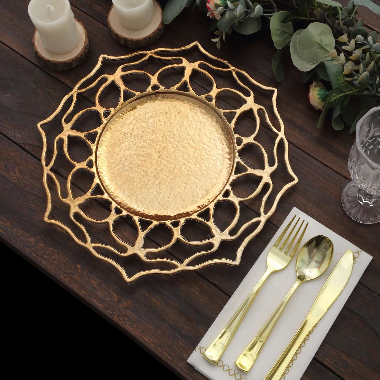 6-Pack Acrylic Round Charger Plates 13 in Gold with Floral Cutout Design, Hollow Flower Plastic Decorative Dinner Party Charger Tableware