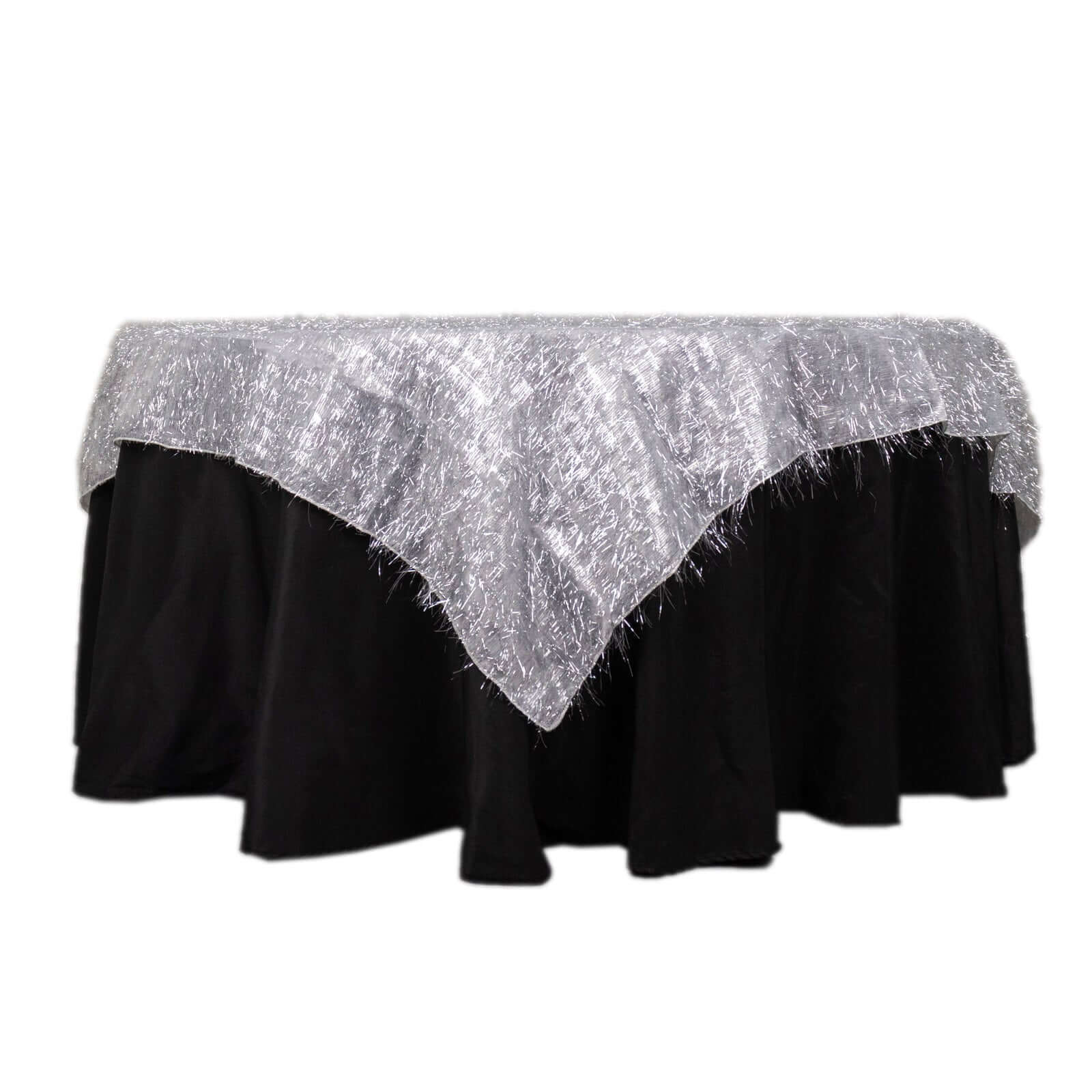 Polyester 72x72 Table Overlay Square Tablecloth Silver - Metallic Fringe Shag Tinsel Table Cover