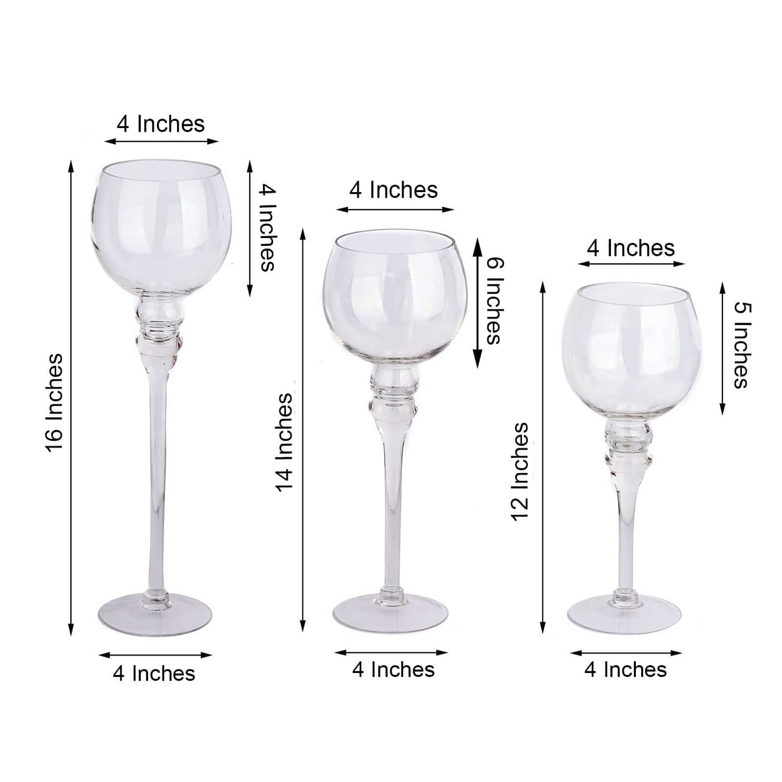 Set of 3 Glass Globe Vases Long Stem Clear - Stylish Candle Holder Floral Centerpieces 12, 14, 16