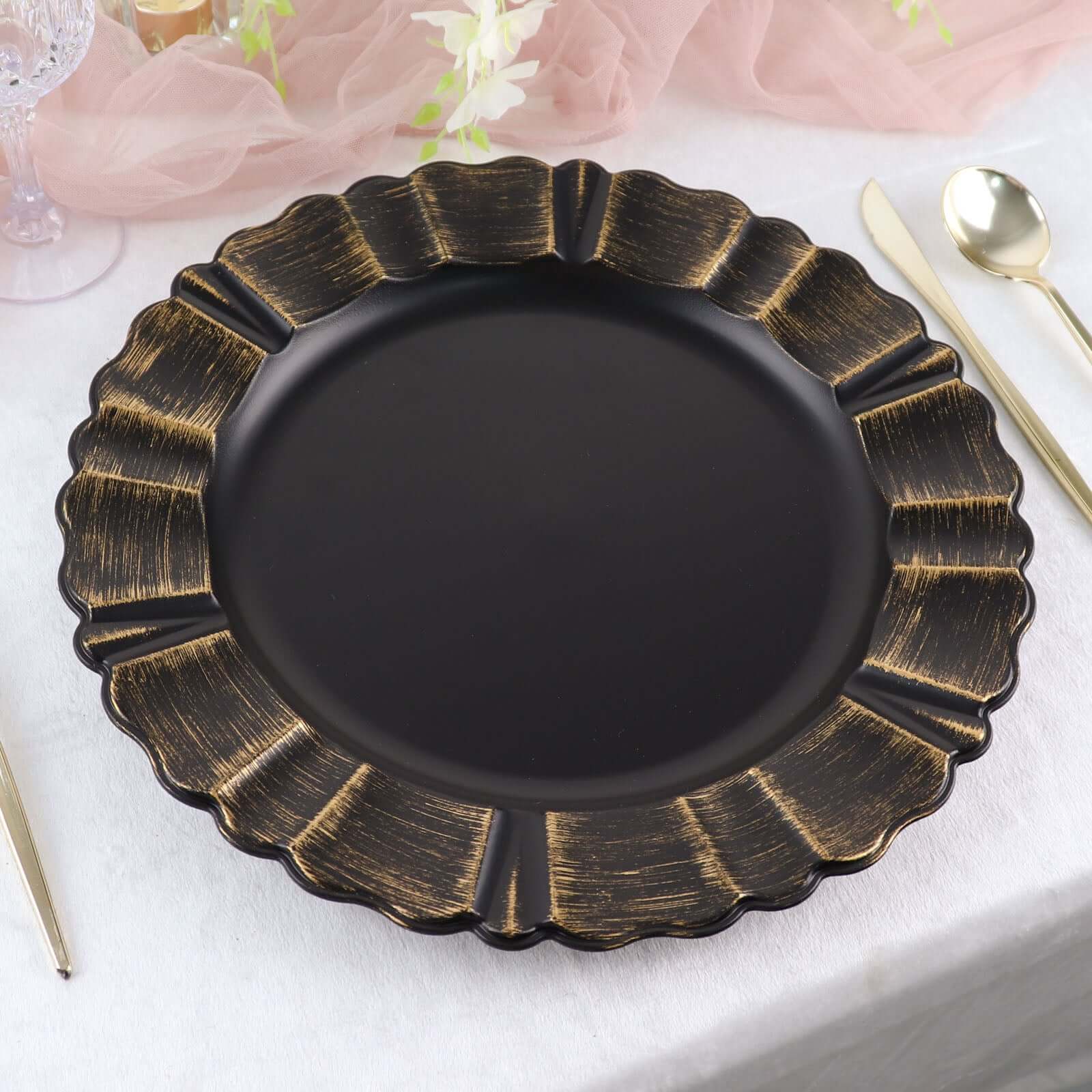 6-Pack Acrylic Plastic Round Charger Plates 13 in Matte Black with Gold Brushed Wavy Scalloped Rim, Decorative Dinner Party Charger Tableware