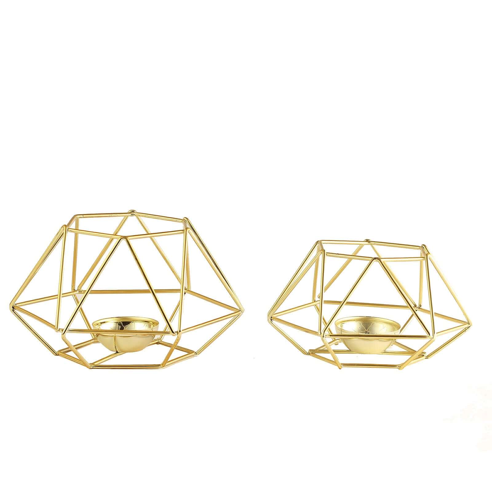 Set of 2 Candle Holders Metal Hexagon Geometric Design Gold - Modern Decorative Centerpieces for Tables 4x3