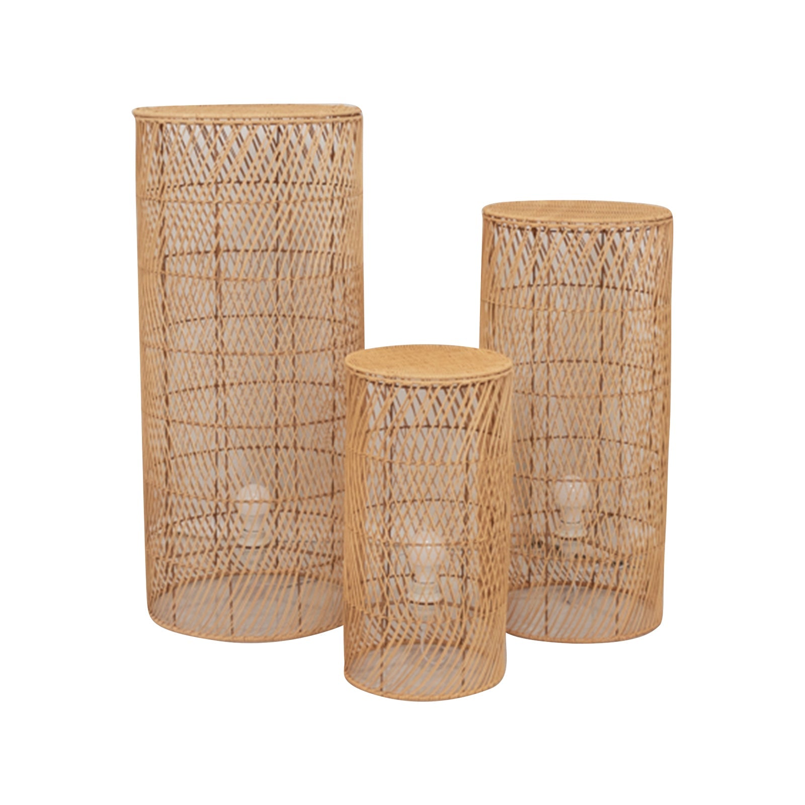 Set of 3 Natural Woven Rattan Wicker Pedestal Stand Floor Lamp Shades with Wave Pattern, Rustic Farmhouse Cylinder Display Stands With Plug In Light Cord - 19,27,33