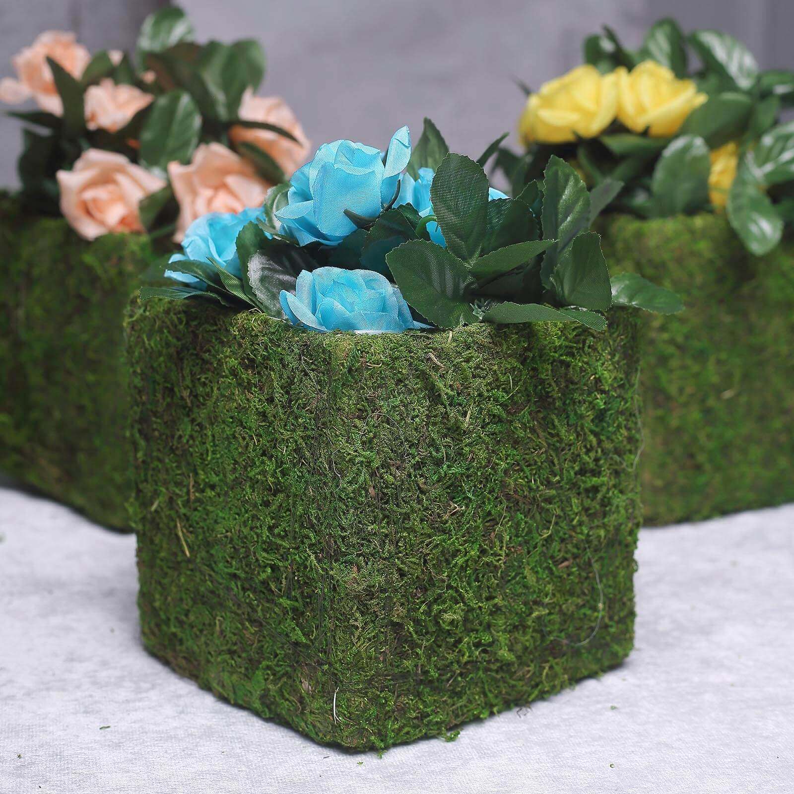 4-Pack Square Planter Boxes Covered with Inner Lining Green Preserved Moss - Flower Basket Centerpieces 6