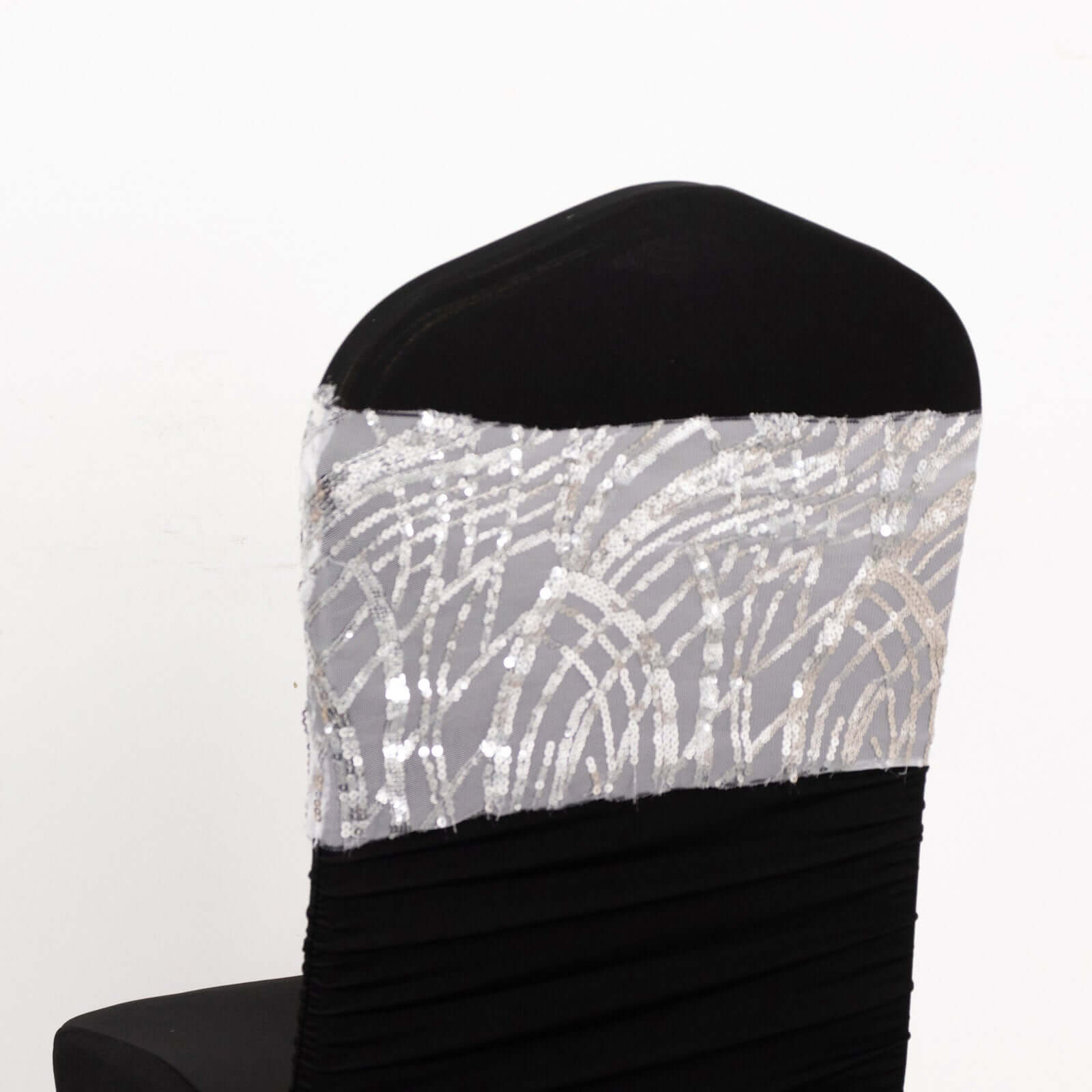 5 Pack Chair Sash Bands with Wave Embroidered Sequins Silver