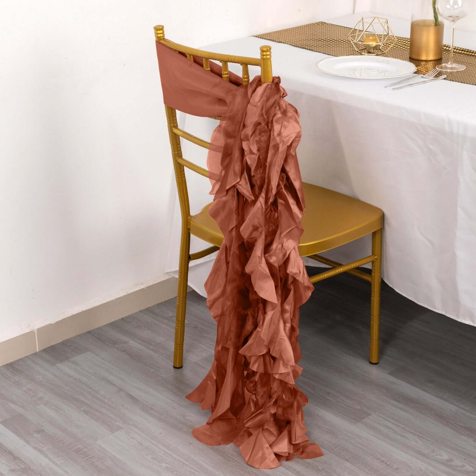 5 Pack Chiffon Satin Chair Sashes Terracotta (Rust) - Easy to Install Ruffled Curly Willow