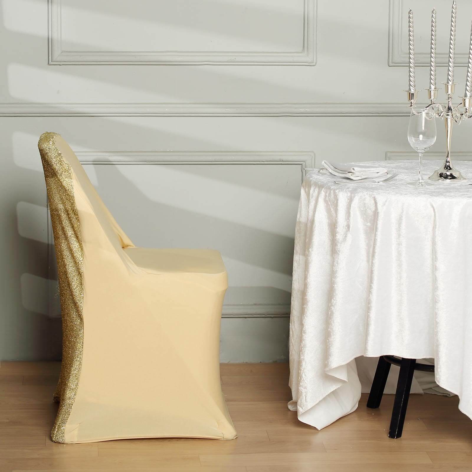 Stretch Spandex Chair Cover Champagne for Folding Chairs - Metallic Shimmer Tinsel Back Design Fitted Slipcover