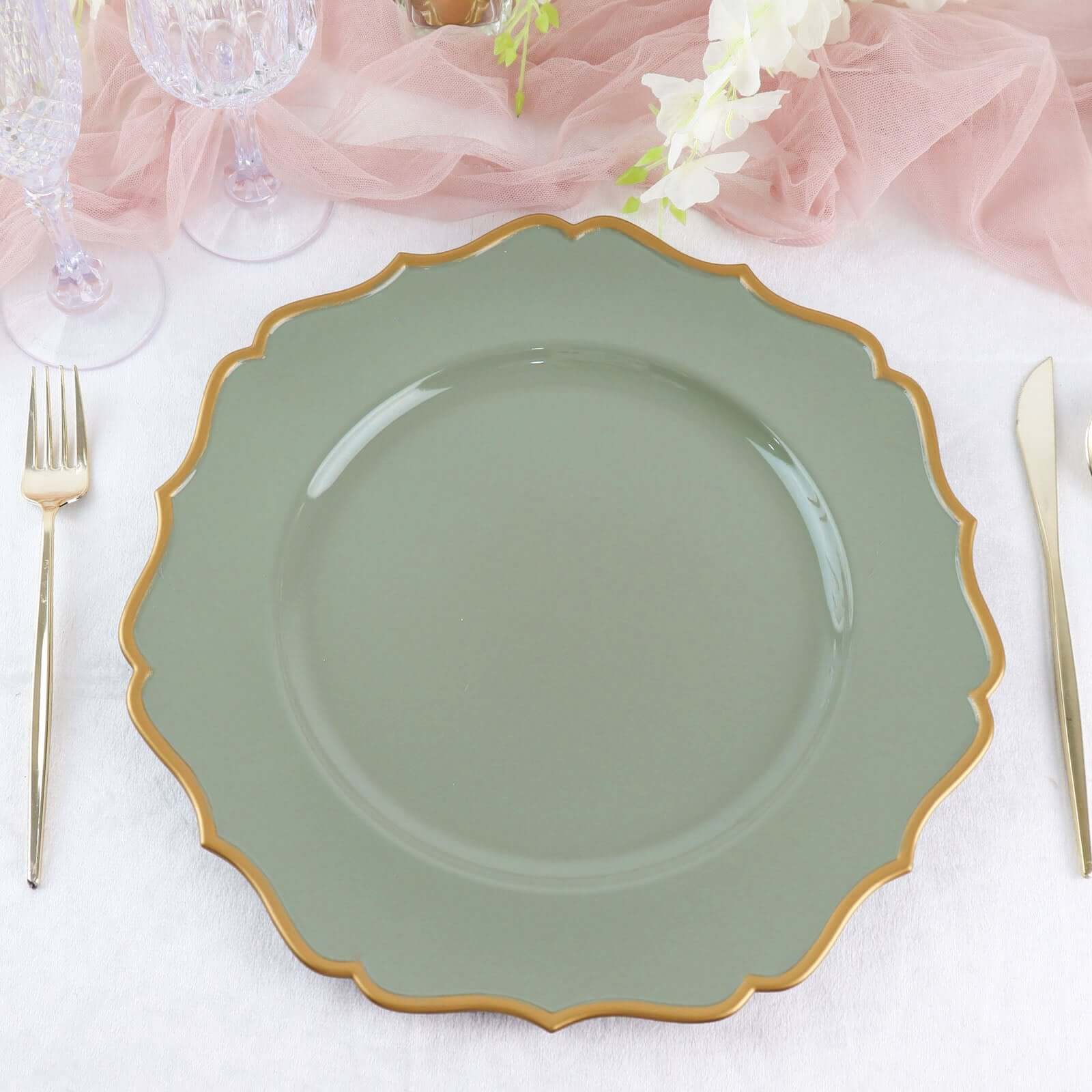 6-Pack Acrylic Round Charger Plates 13 in Dusty Sage Green with Gold Scalloped Rim, Decorative Dinner Party Plastic Charger Tableware