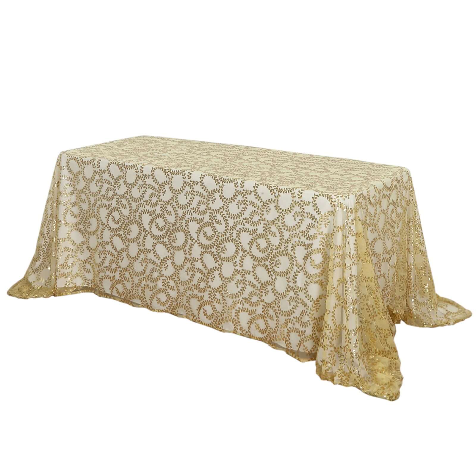 Tulle 90x156 Rectangle Tablecloth Gold - Sequin Leaf Embroidered Design for Luxe Celebrations