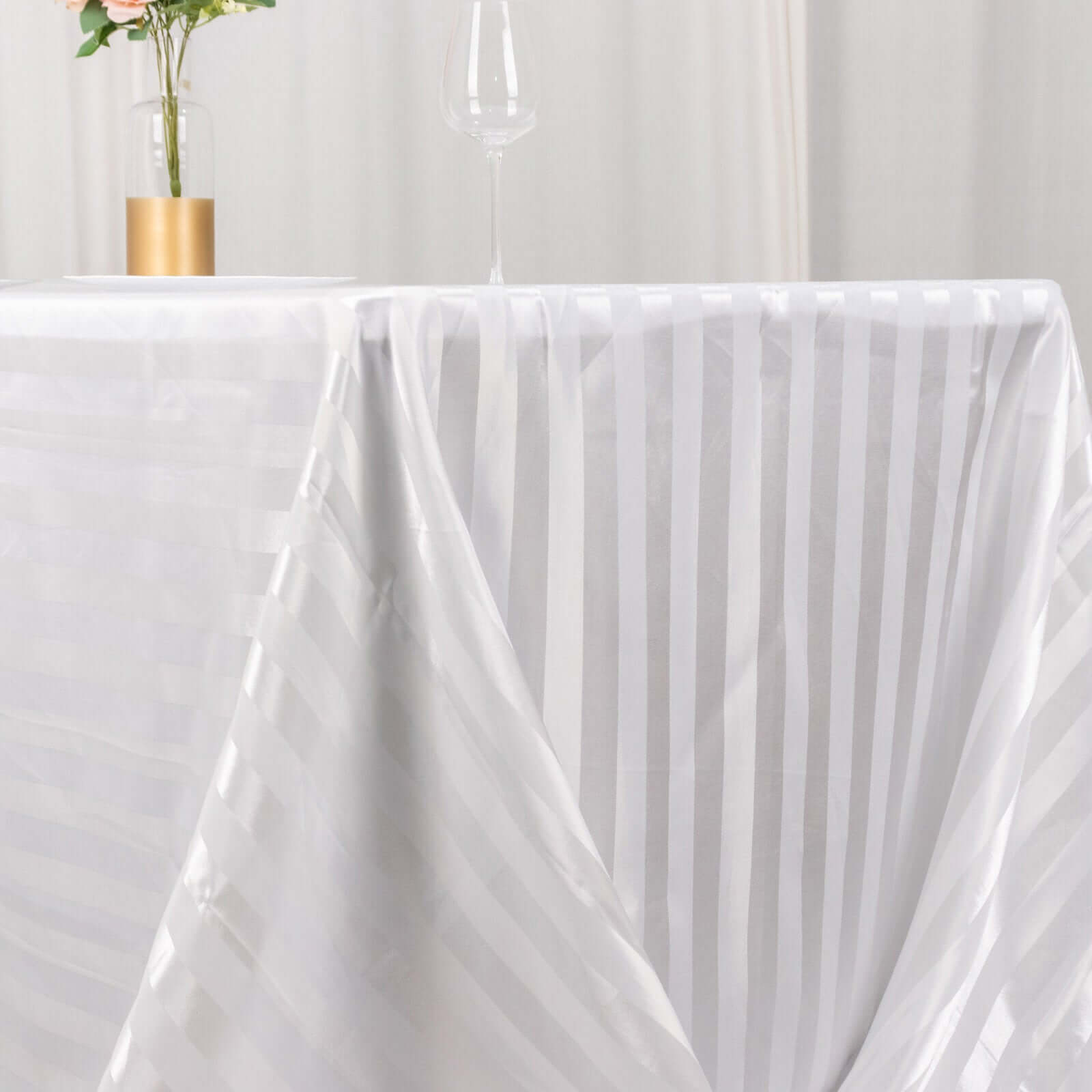 Satin Striped 90x132 Rectangular Tablecloth White Satin Stripe - Seamless Silky Smooth Wedding Decor