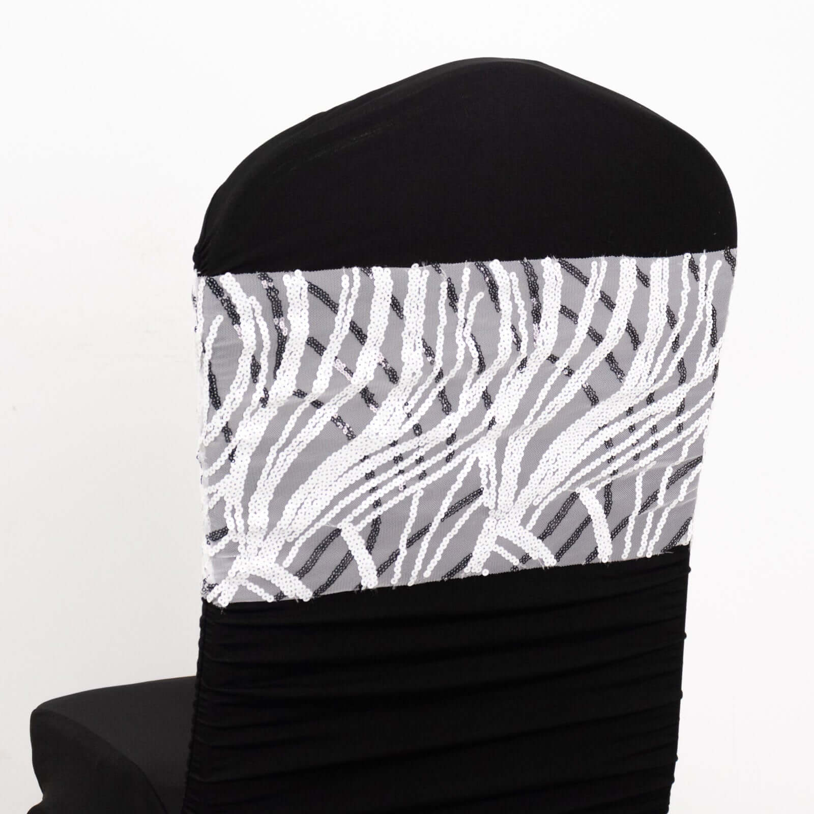 5 Pack Chair Sash Bands with Wave Embroidered Sequins White/Black - Gleaming Accent for Weddings & Banquets