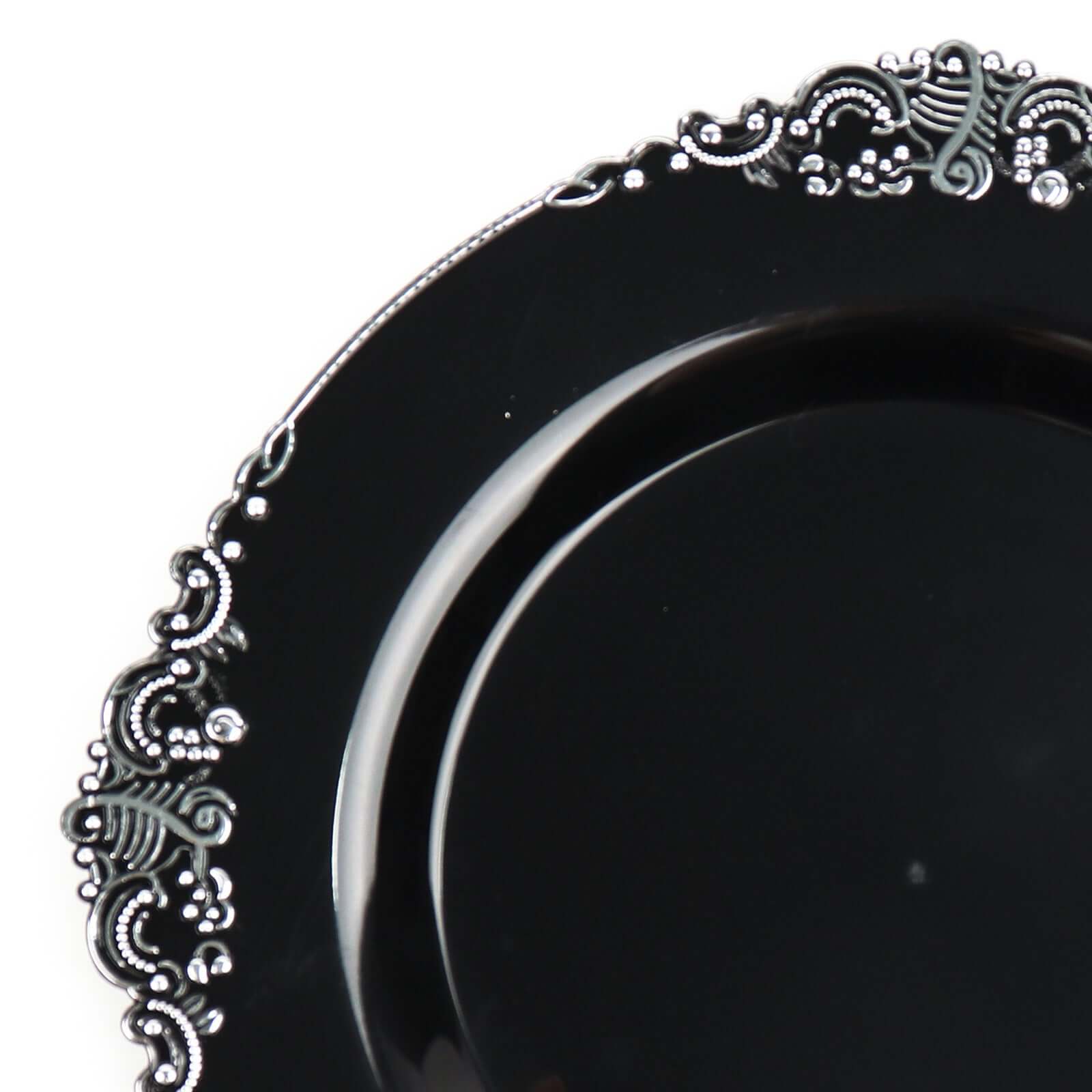 10-Pack Plastic 10 Round Dinner Plates in Black with Silver Leaf Embossed Rim - Disposable Vintage Baroque Style Plates