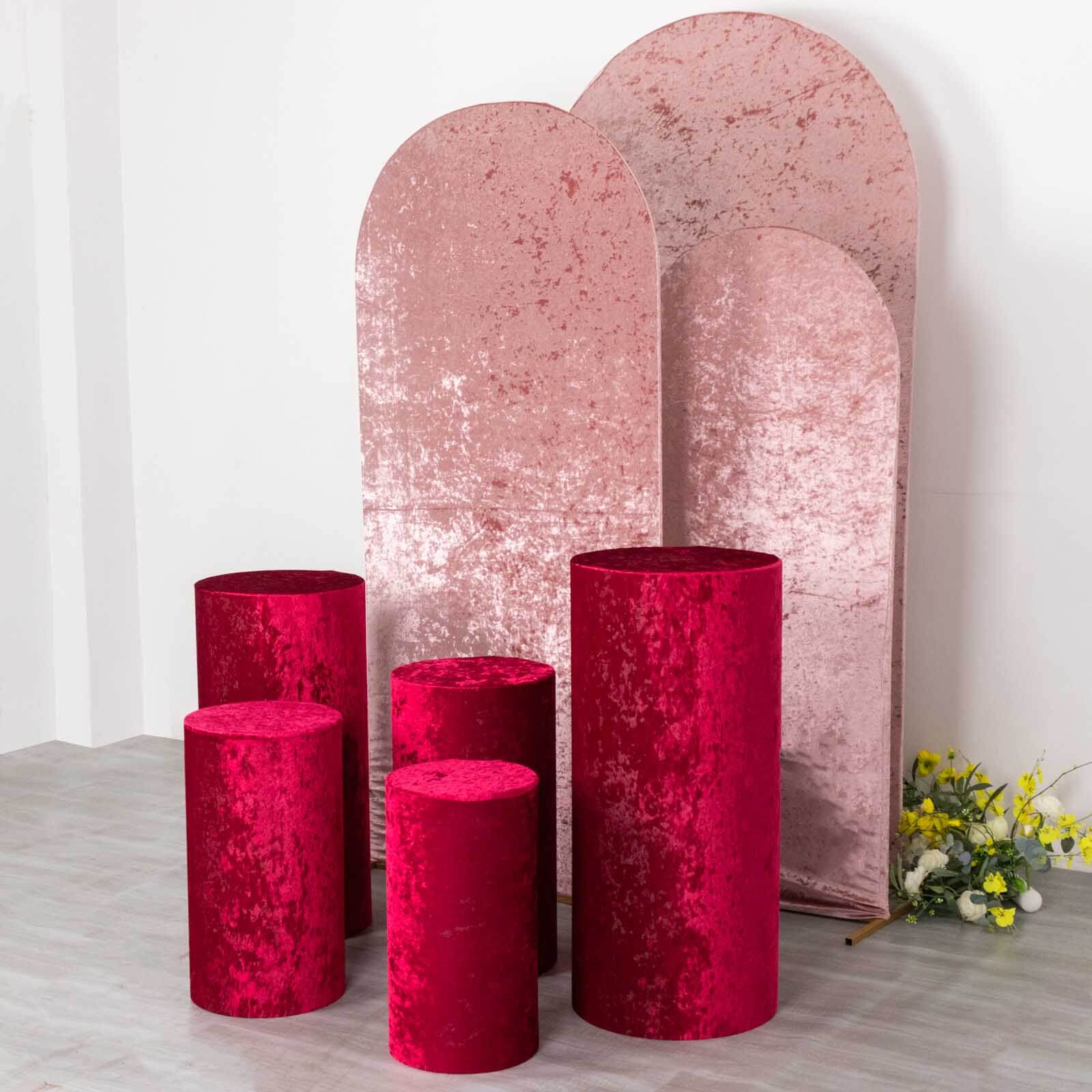 Set of 5 Red Crushed Velvet Cylinder Pedestal Stand Covers, Premium Pillar Prop Covers