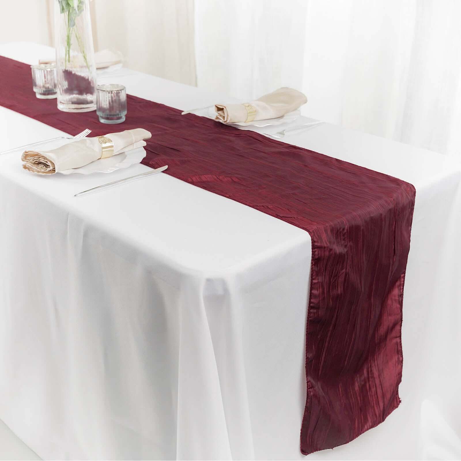 Taffeta 12x108 Table Runner Burgundy - Accordion Crinkle Design