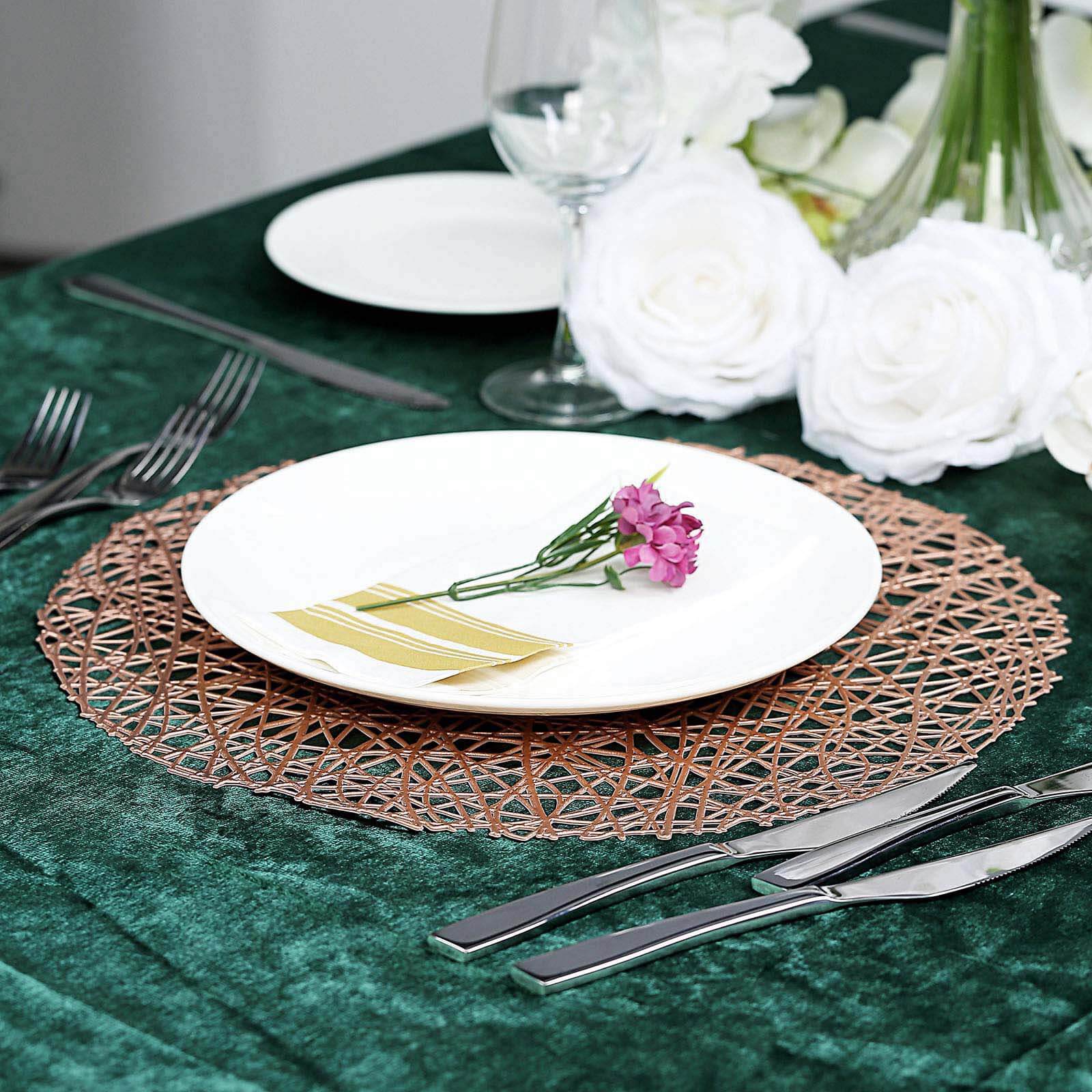 6-Pack Vinyl Placemats Rose Gold Woven Design - Durable Non-Slip Round Table Mats for Dining 15