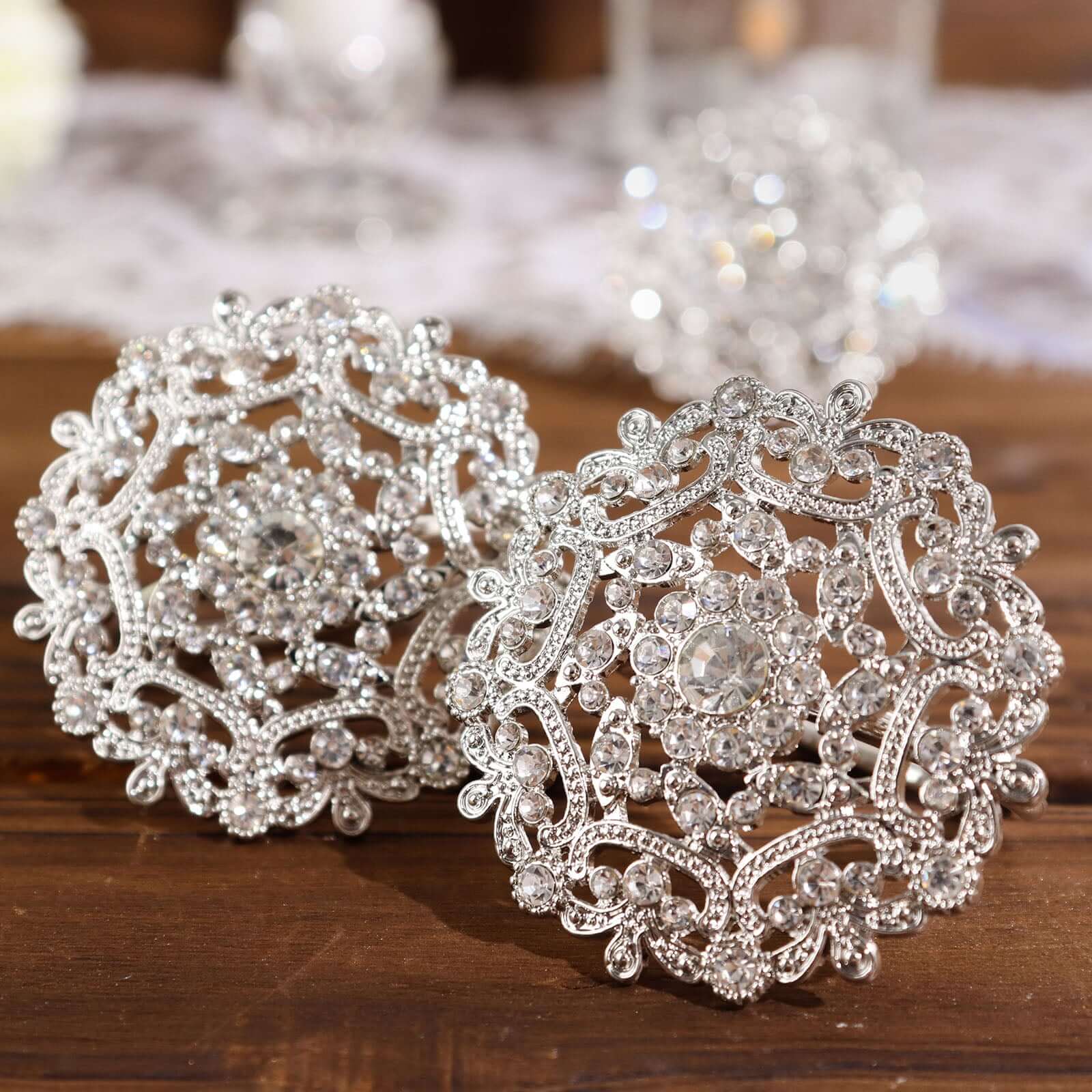 4 Pack Diamond Rhinestone Silver Metal Flower Napkin Rings, Decorative Napkin Buckle Holders