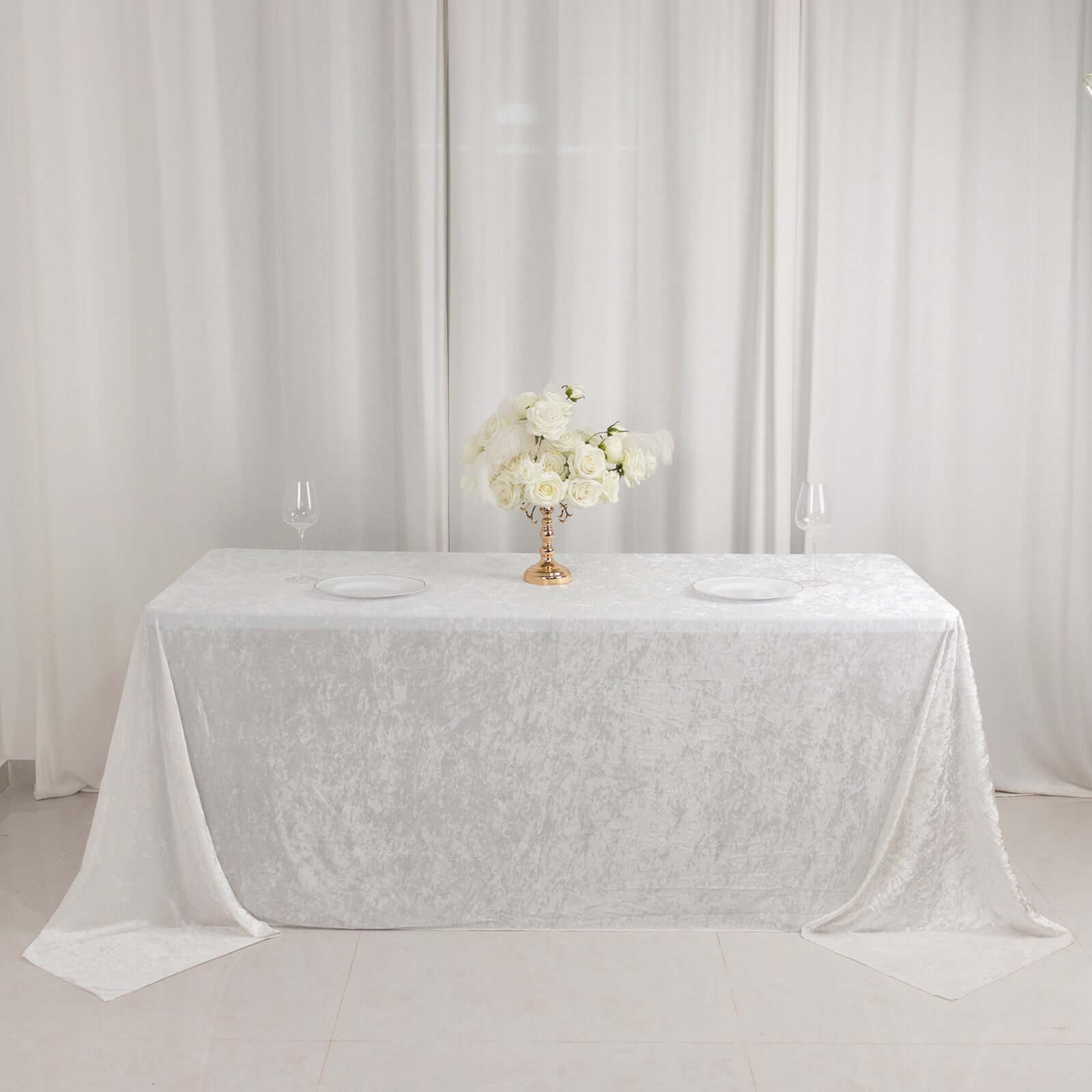 Premium Crushed Velvet 90x132 Rectangle Tablecloth White - Reusable Soft & Graceful Seamless Table Cover