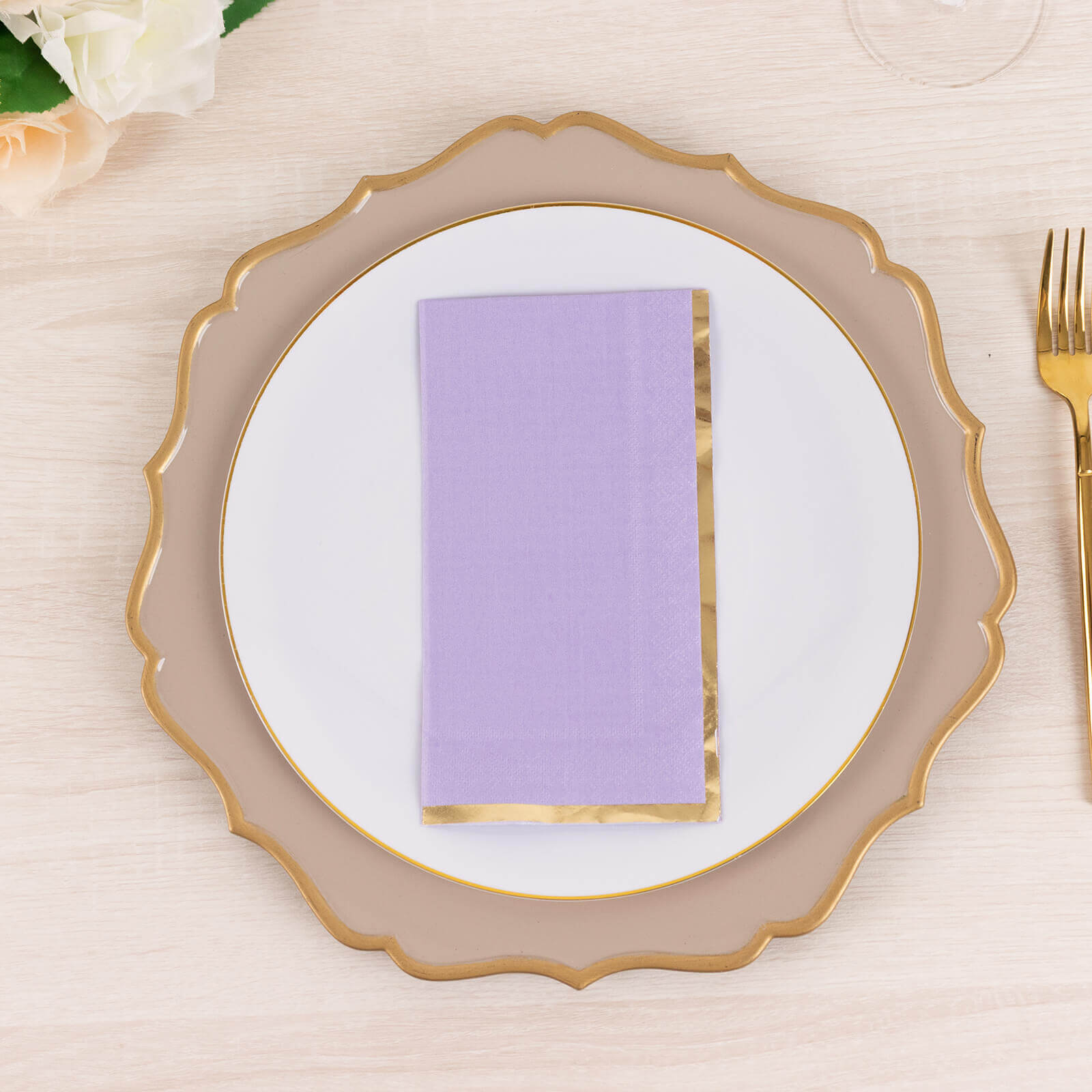 50-Pack Paper Dinner Napkins Lavender with Gold Foil Edge 2 Ply - Stylish Disposable Napkins