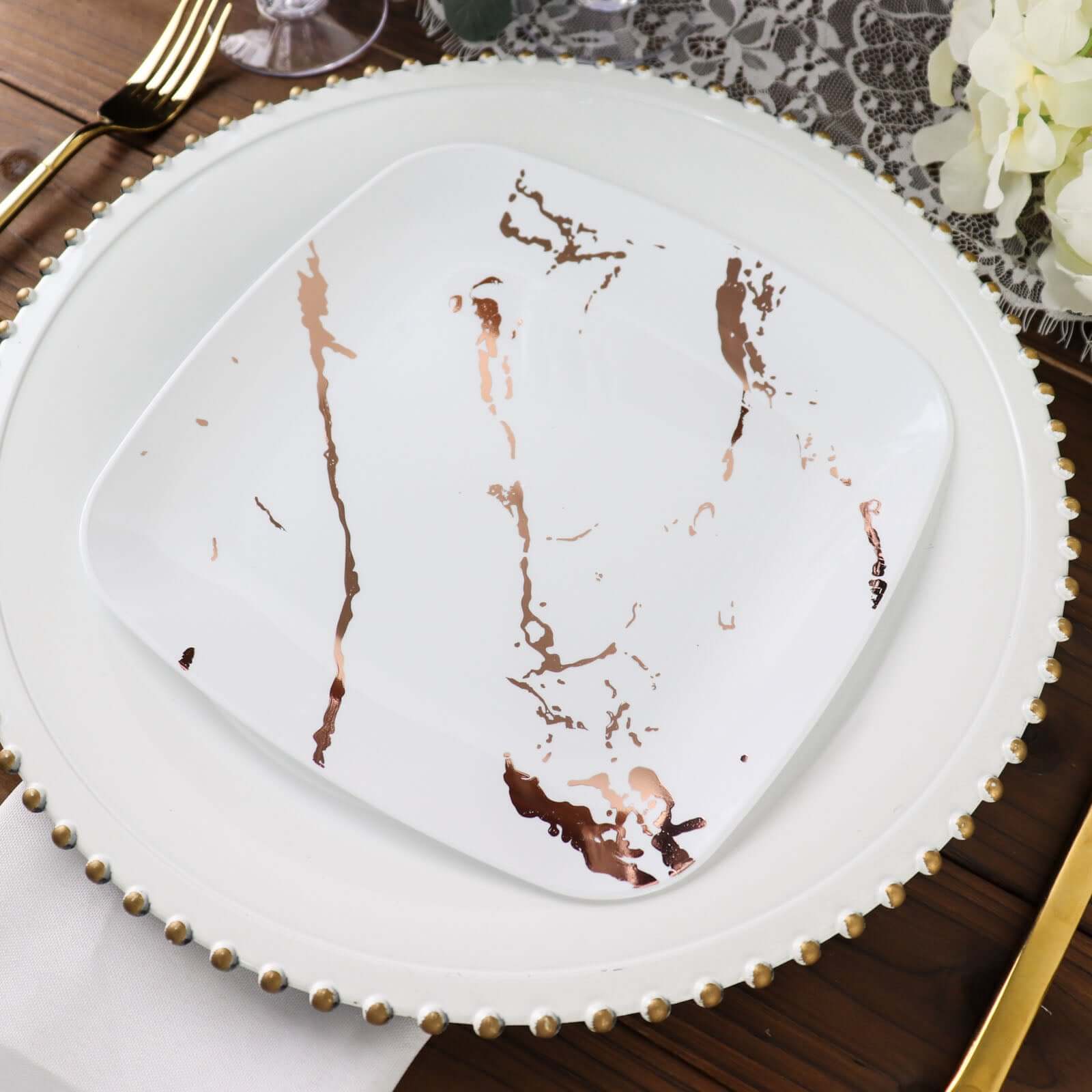 10-Pack Plastic 8 Square Dessert Plates in White with Rose Gold Marble Design - Disposable Appetizer Salad Party Plates