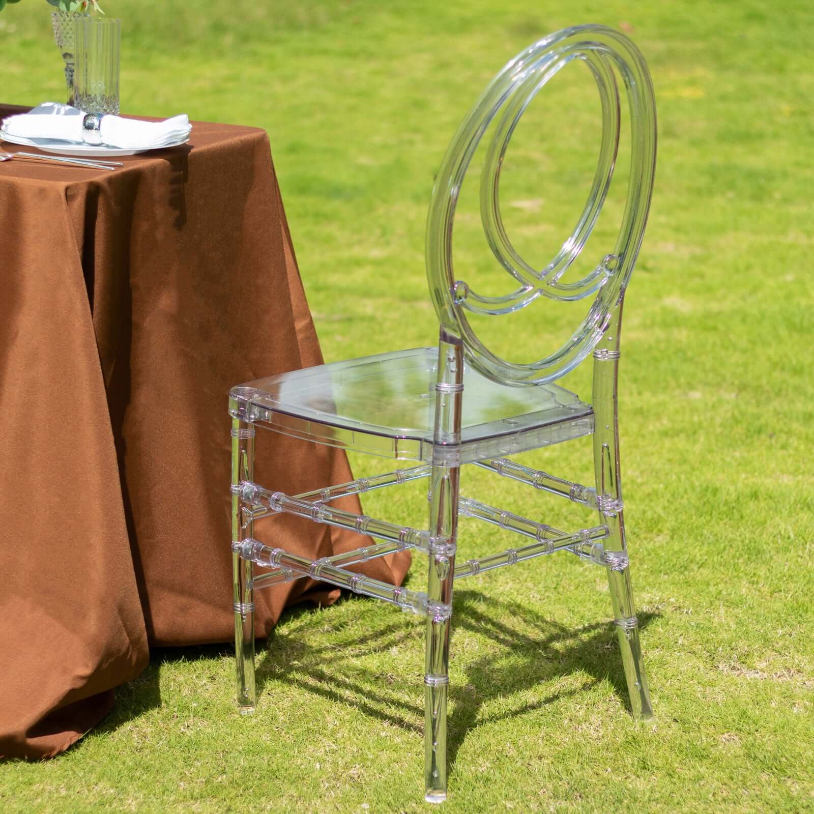 Acrylic Stackable Ghost Chair in Phoenix Chiavari style Transparent Resin with Oval Back Clear - Sleek Armless Design for Weddings & Gatherings