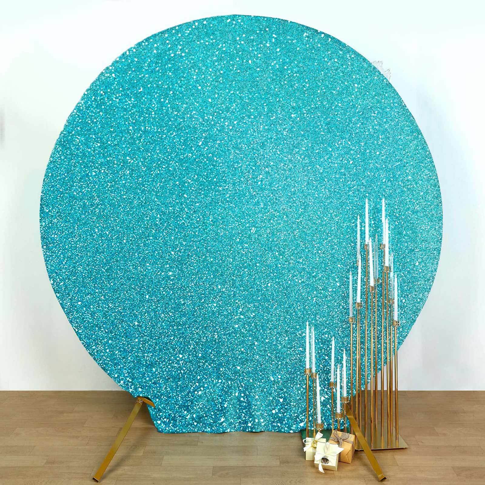 7.5ft Turquoise Metallic Shimmer Tinsel Spandex Round Wedding Arch Cover, 2-Sided Photo Backdrop