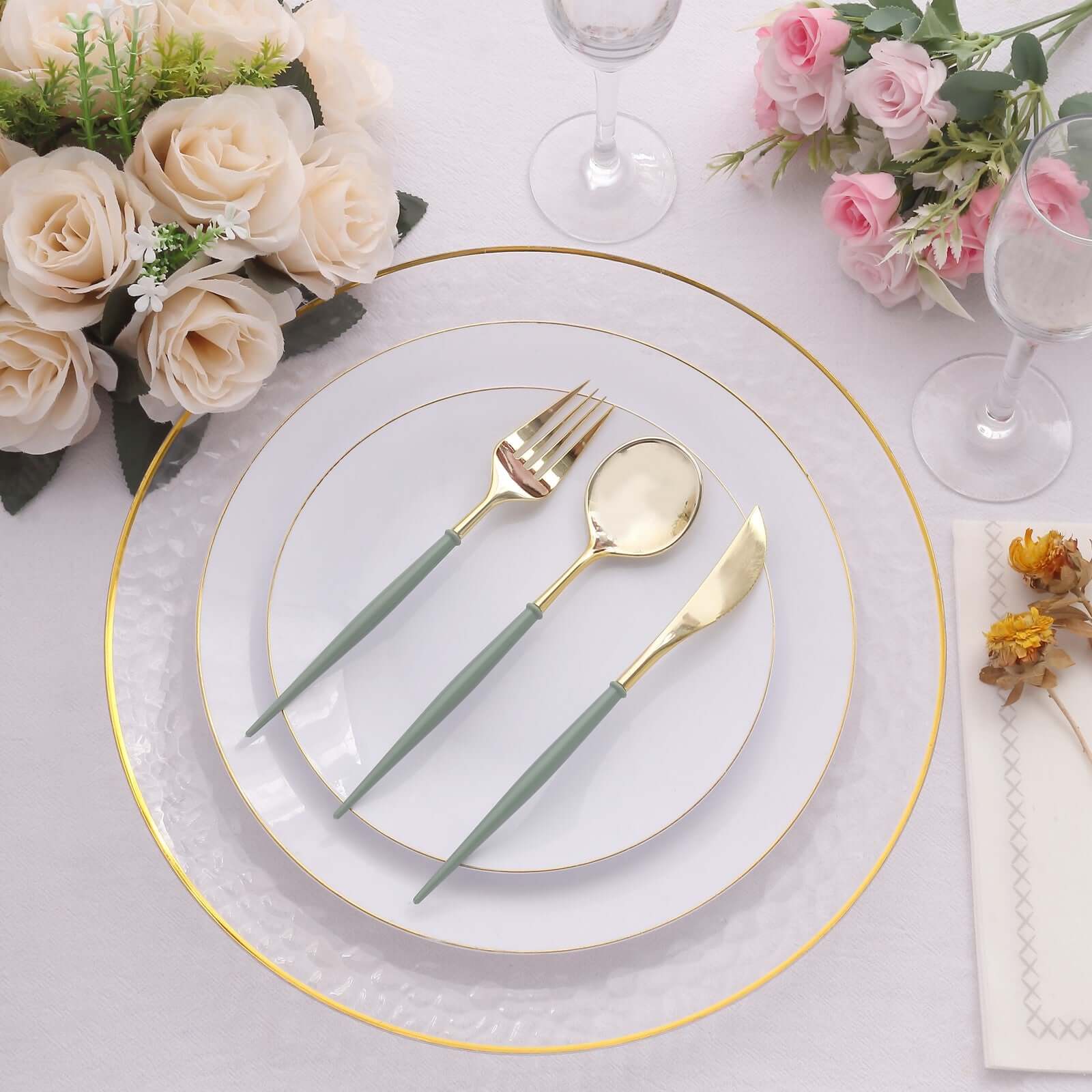 24-Pack Plastic Flatware Set in Metallic Gold with Dusty Sage Green Handle - Heavy Duty Disposable Modern Silverware 8