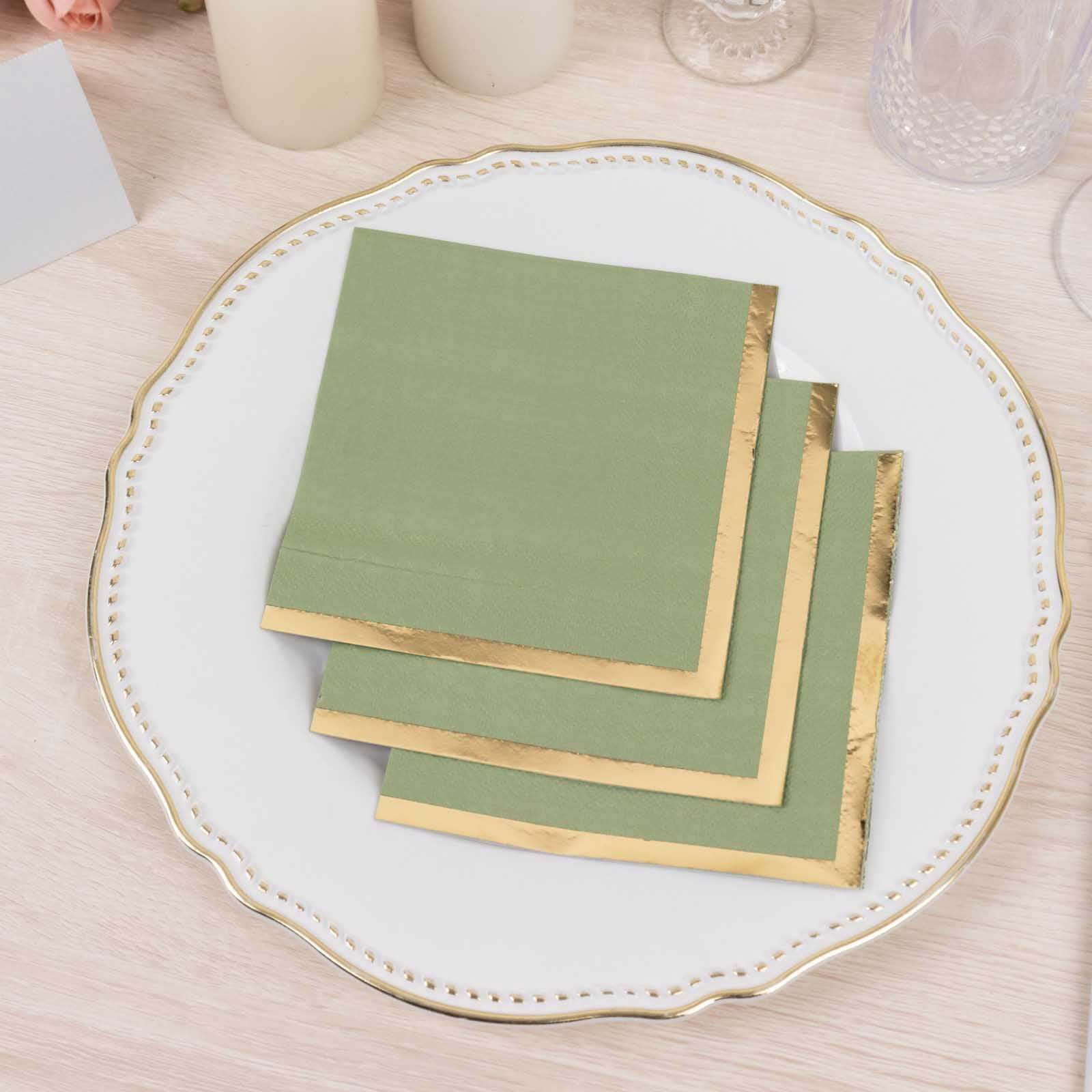 50-Pack Paper Beverage Napkins Sage Green with Gold Foil Edge - 2 Ply Disposable Soft 18GSM Cocktail Napkins 5x5