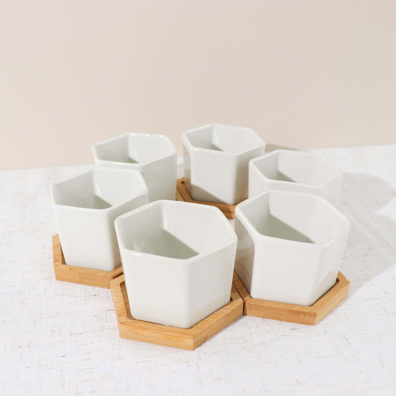 6-Pack Planter Pots Geometric Hexagon Design White - Ceramic Pots with Bamboo Tray and Removable Bottom 3