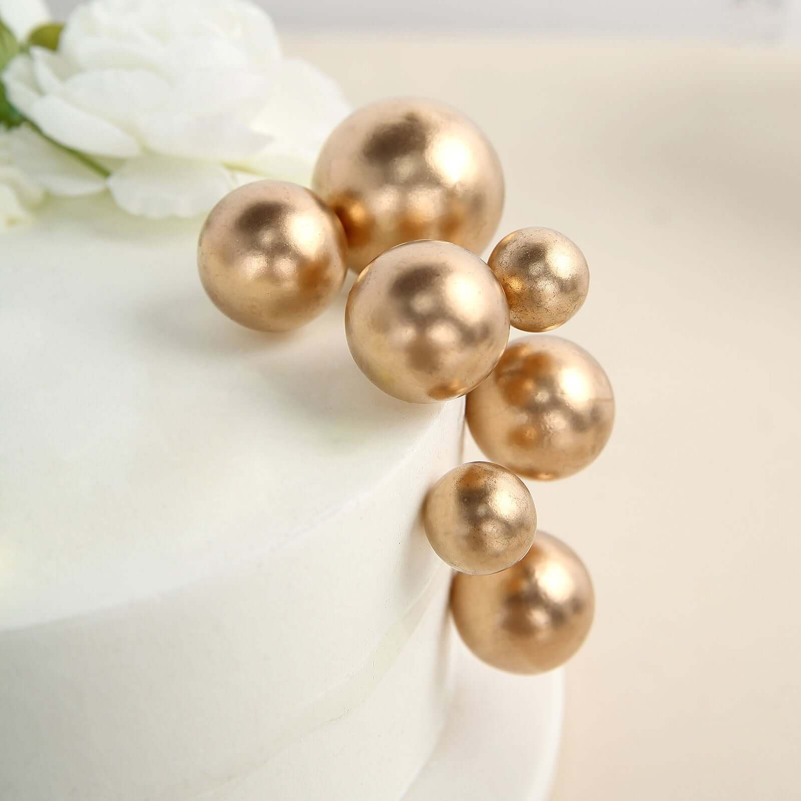 12 Pcs Cake Topper Picks Faux Pearl Ball Design Gold - Foam Balloon DIY Cupcake Decor Supplies Assorted Sizes