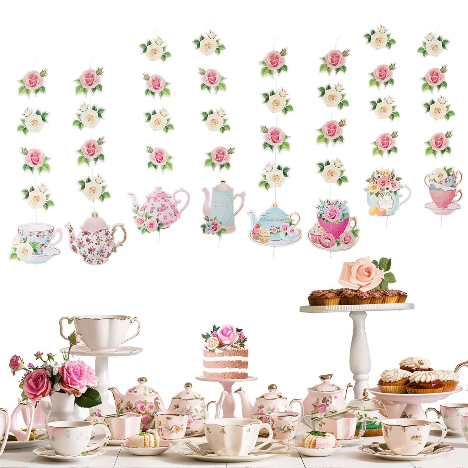 8 Pack Double Sided Floral Tea Party Paper Garland, 40 Pre-Assembled Mixed Teapot Banner Hanging Decorations