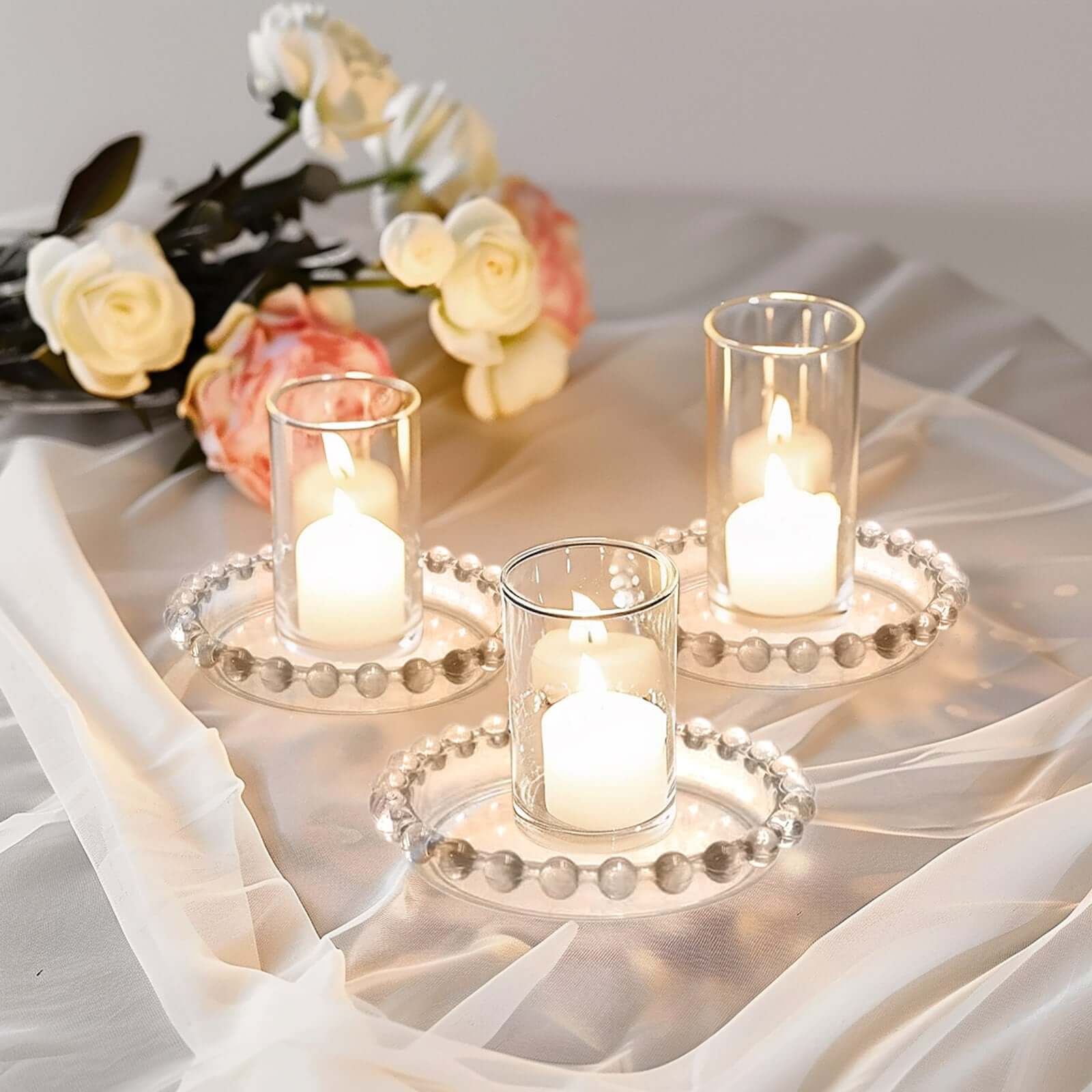 6-Pack Glass Pillar Candle Holder Plates Clear with Beaded Rims - Transparent Small Round Coaster Trays 4