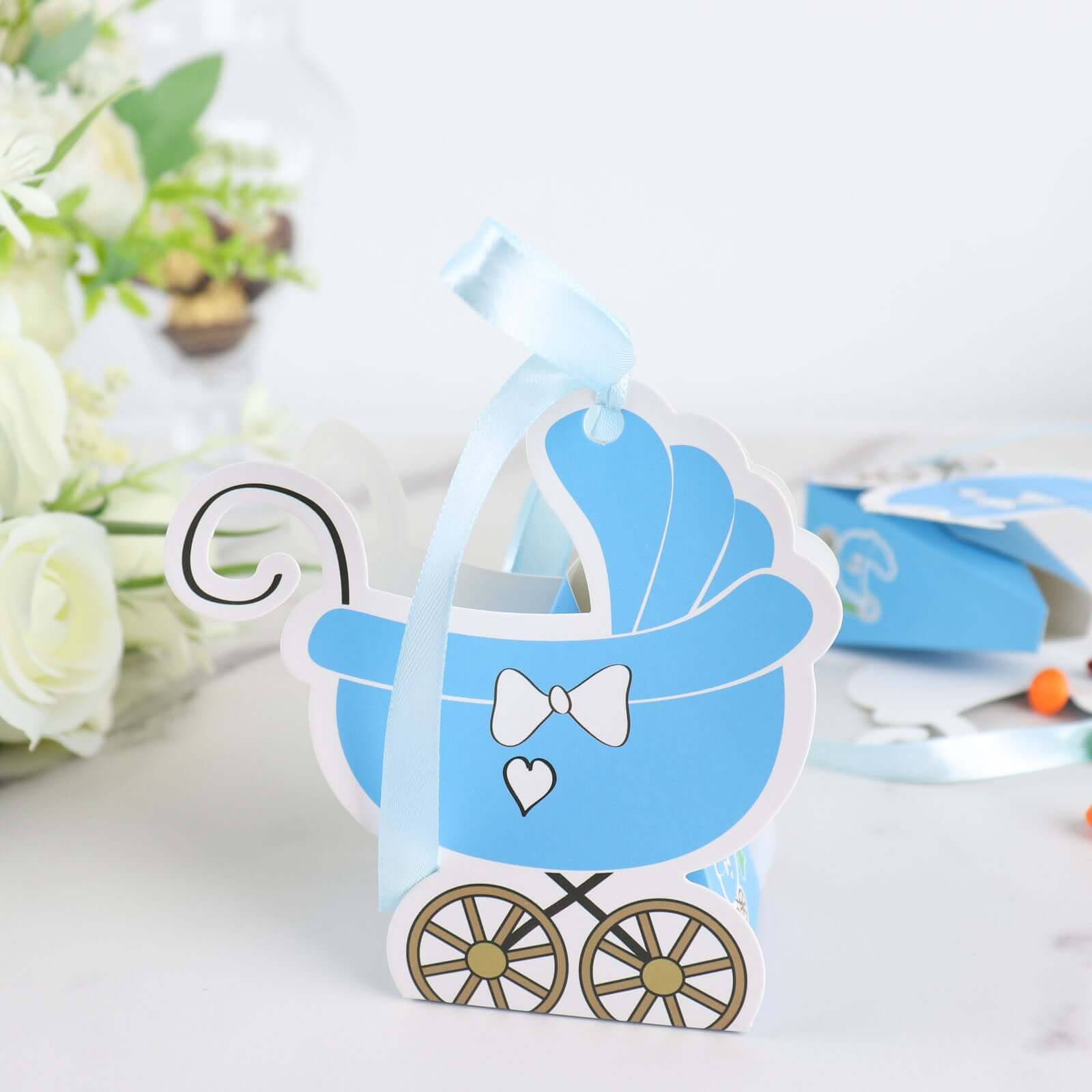 25 Pack Light Blue Baby Paper Stroller Party Favor Gift Boxes, Cardstock Carriage Candy Boxes with Ribbon Ties - 4.5x2x4