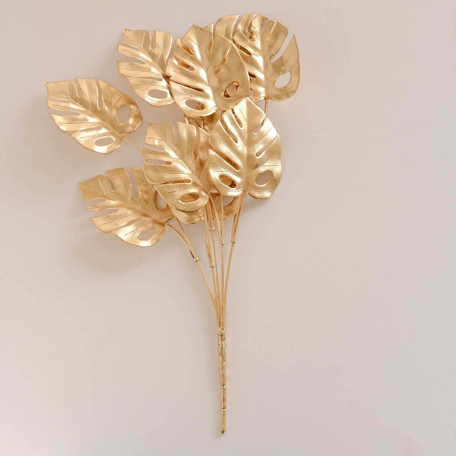 4-Pack Artificial Monstera Leaves Bushes Metallic Gold - Chic Faux Palm Leaf Decor Vase Filler for Hawaiian Jungle Tropical Themed Weddings Parties & Events 14