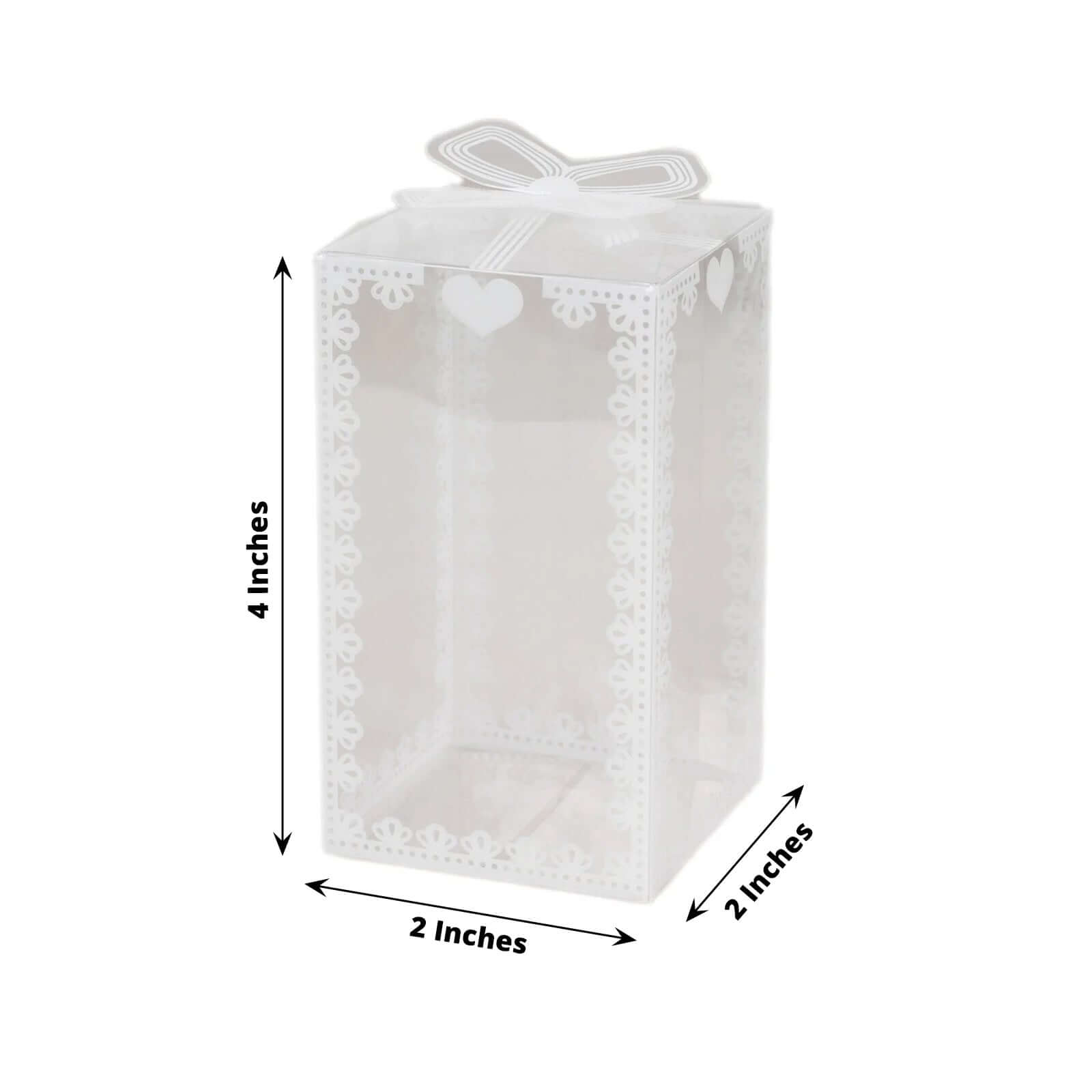 25 Pack Clear Rectangle Candy Gift Boxes With Bowknot and White Lace Pattern, 4 Transparent Plastic Party Favor Boxes - 2x2x4