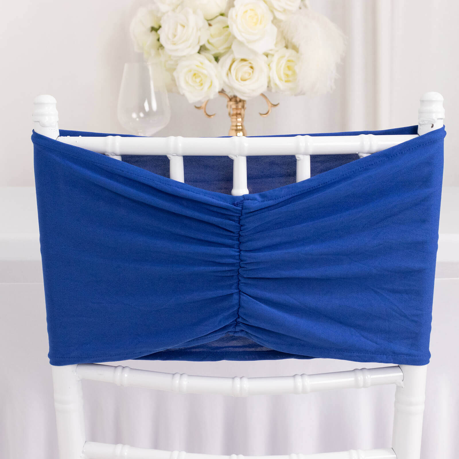 5 Pack Spandex Chair Sashes Royal Blue Ruffled Style - Wide Easy to Use Stretch Chair Bands 8x13