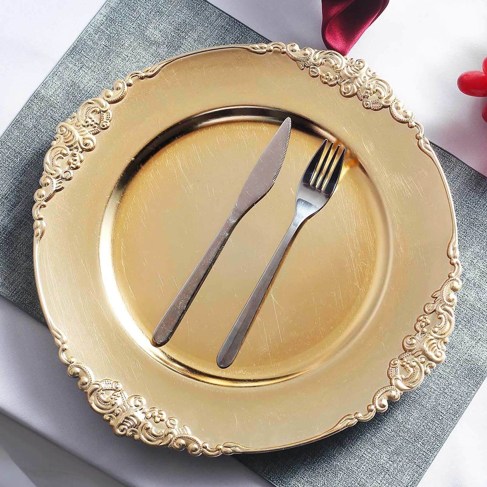 6-Pack Acrylic Round Charger Plates 13 in Gold with Embossed Baroque Rim, Antique Decorative Dinner Party Charger Tableware
