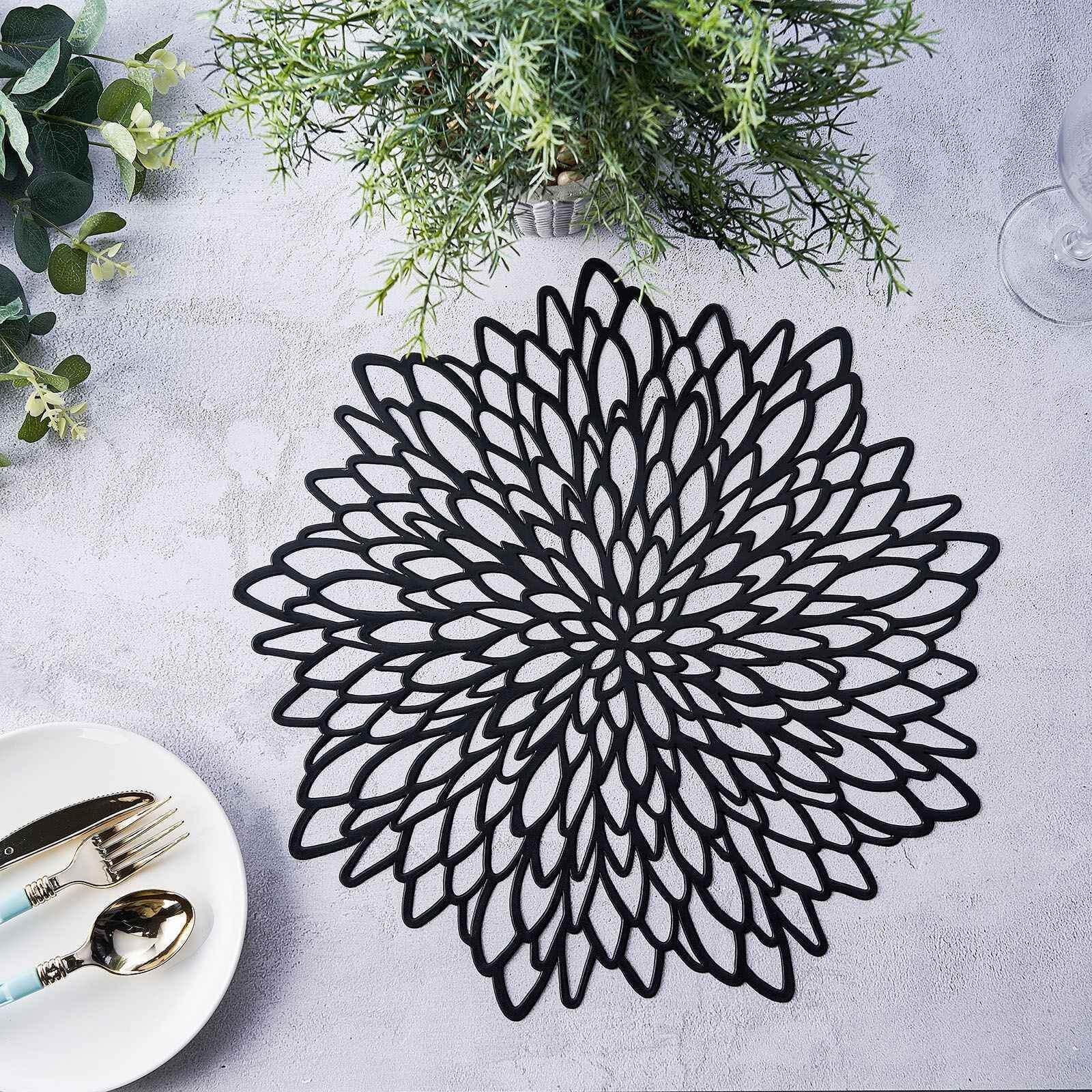 6-Pack Dining Table Mats Floral Design Black - Metallic Vinyl Round Non-Slip Mats for Tables 15