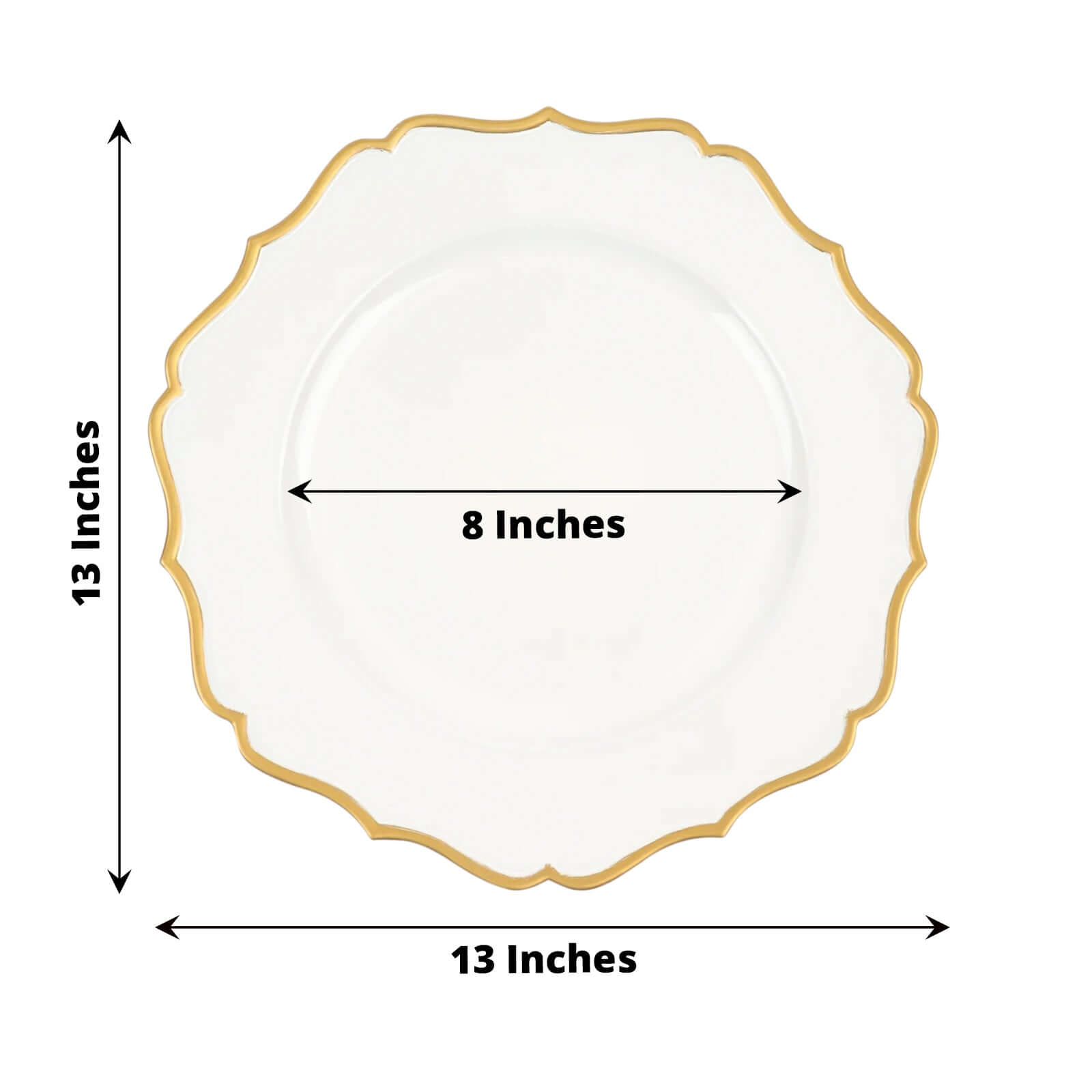6-Pack Acrylic Round Charger Plates 13 in White with Gold Scalloped Rim, Decorative Dinner Party Plastic Charger Tableware