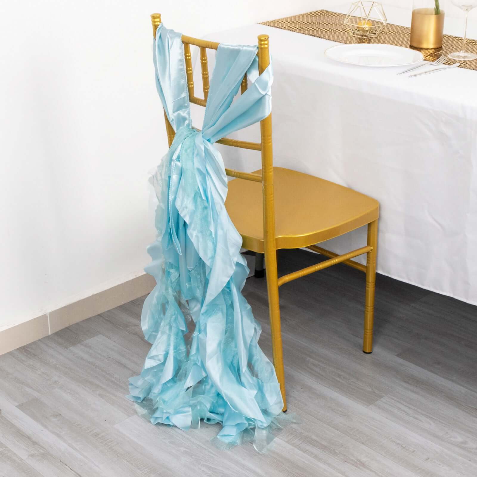 5 Pack Chiffon Satin Chair Sashes Light Blue - Easy to Install Ruffled Curly Willow