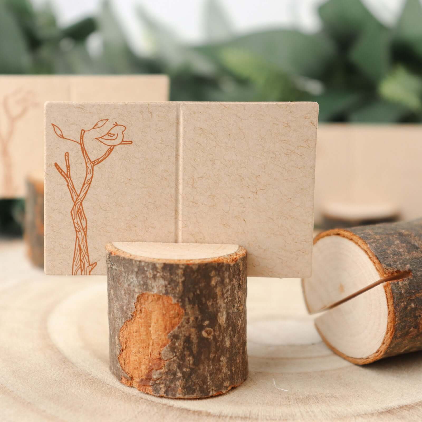 4-Pack Wood Stump Place Card Holders Rustic Natural Design - Boho Chic Decor for Tables