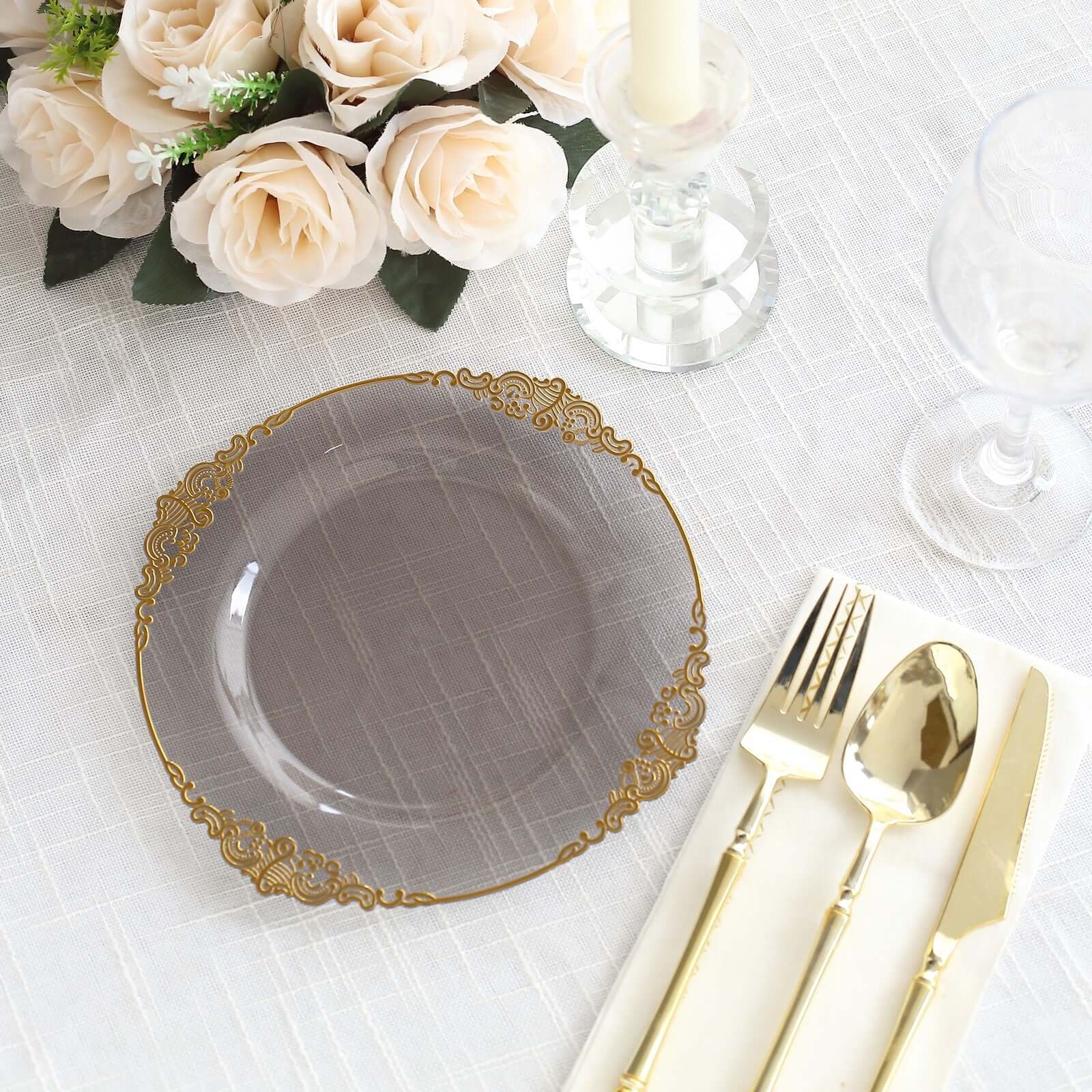 10-Pack Plastic 8 Round Dessert Plates in Transparent Black with Gold Leaf Embossed Rim - Disposable Vintage Baroque Style Salad Plates