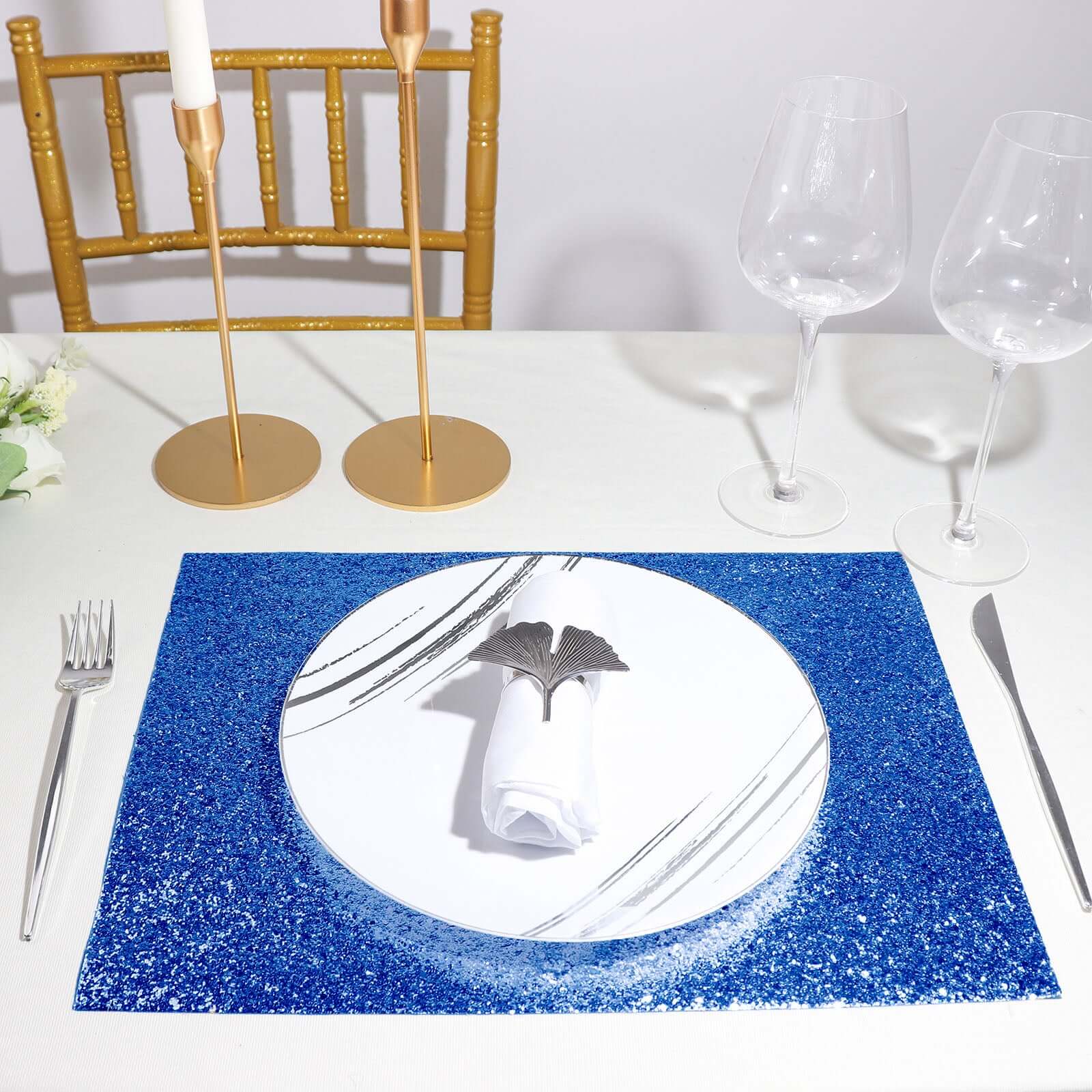 6-Pack Placemats Glitter Design Royal Blue Sparkle Rectangle - Non-Slip Decorative Dining Table Mats 12x18